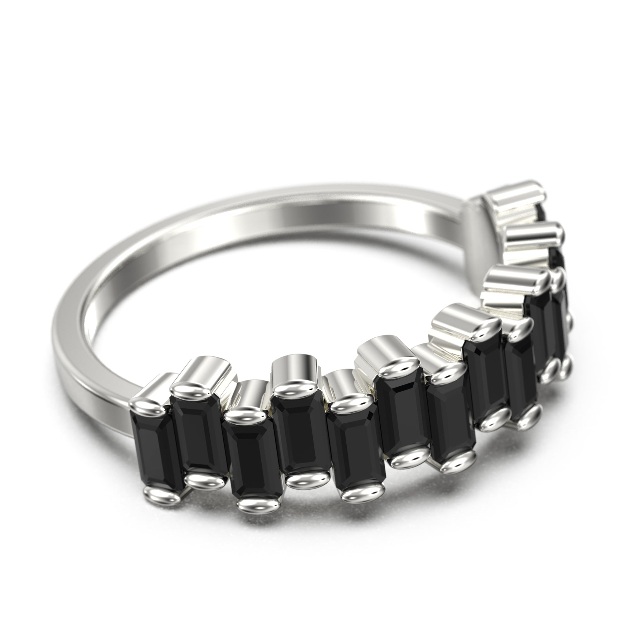 Black Diamond Moissanite Wedding Ring for Women - 10K/14K/18K Solid Gold Baguette Alternating Wave Band - Perfect for Engagement, Anniversary & Bridal Jewelry Gifts