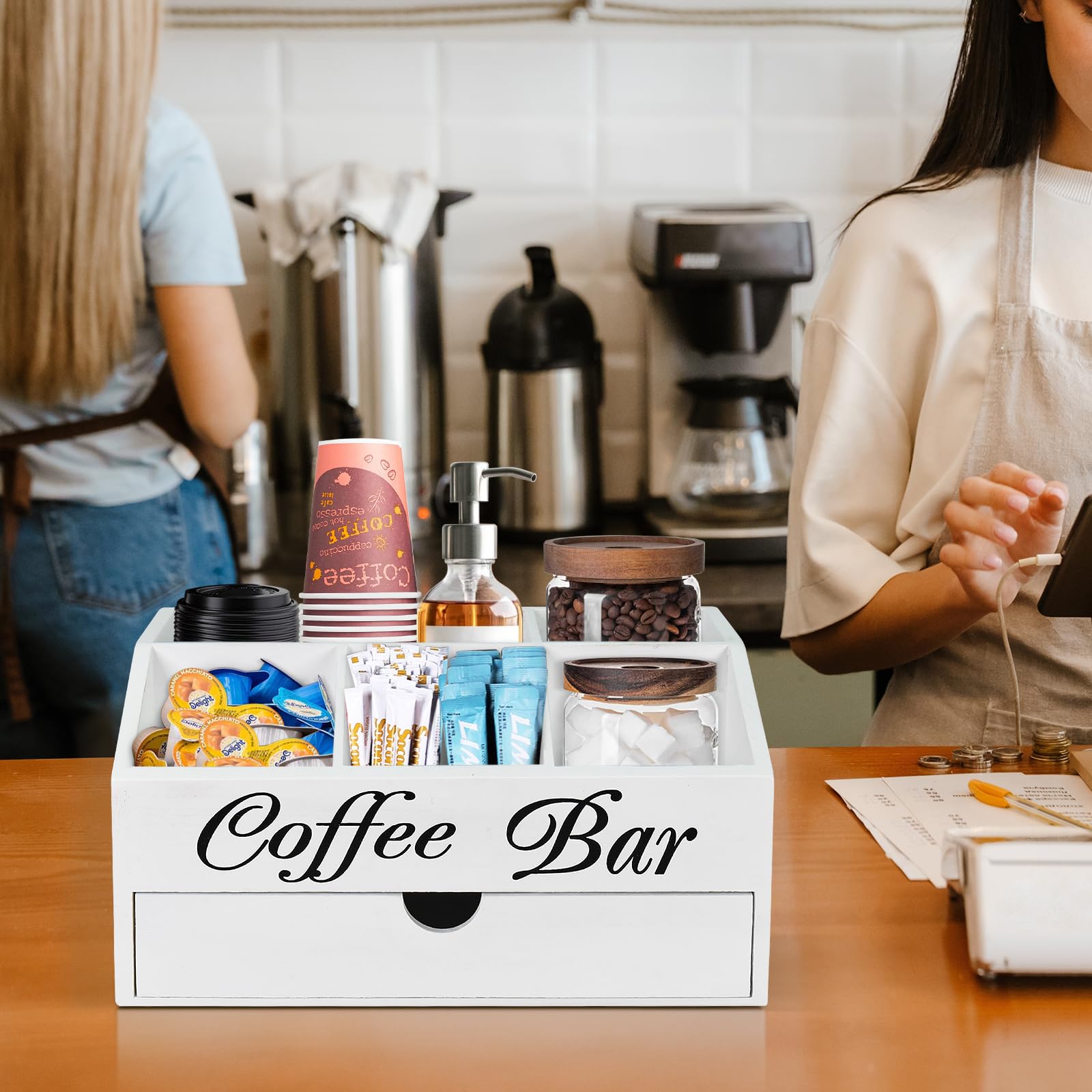 Wooden Coffee Bar Organizer with Drawer - Countertop Storage Basket for Coffee Pods, Tea & Condiments - Farmhouse Style Station Accessories | Perfect for Kitchen, Office & Home Decor