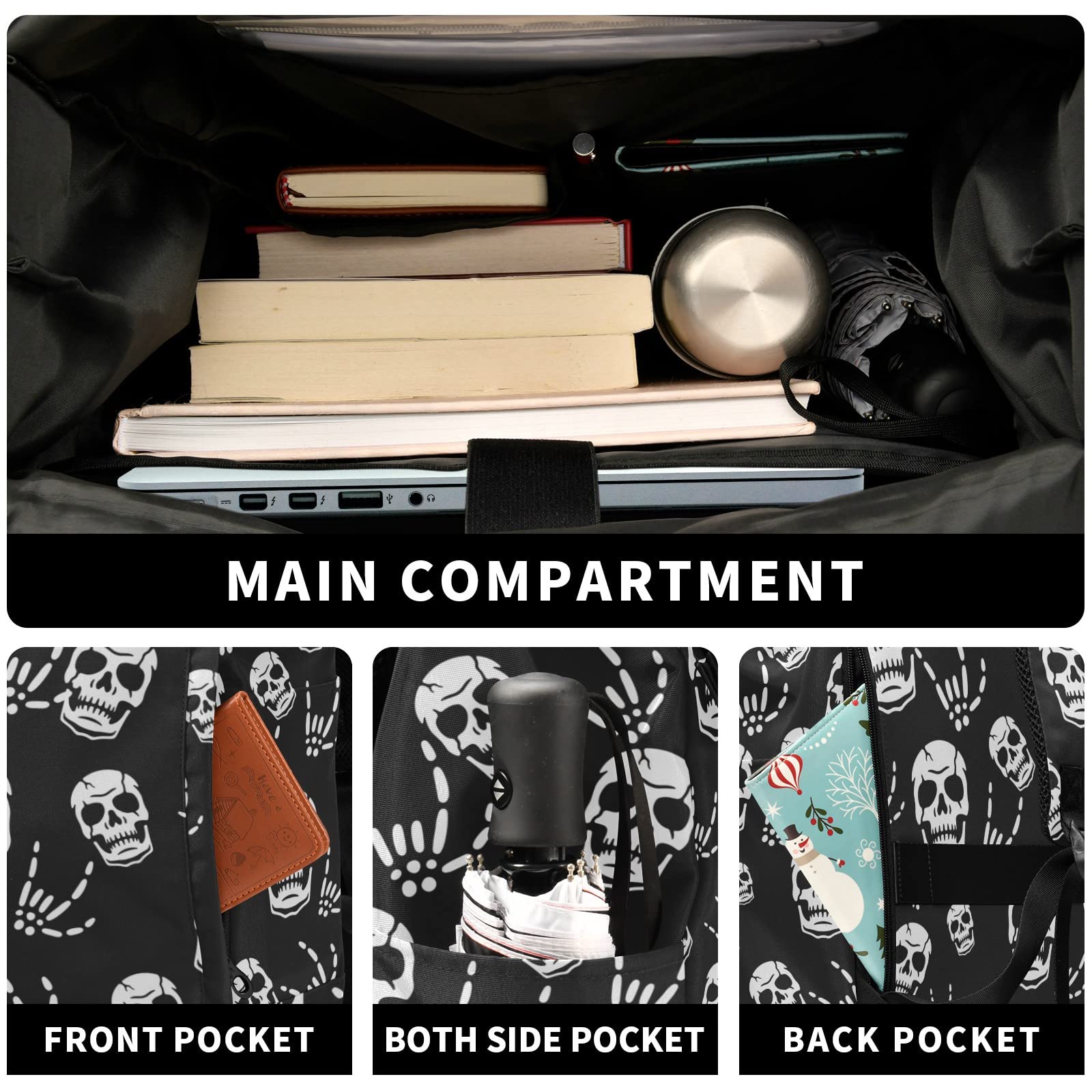 Gothic Skeleton Roll Top Backpack for Men - Expandable Waterproof Laptop Backpack with USB Charging Port - Perfect for Travel, Work, College & Daily Commute