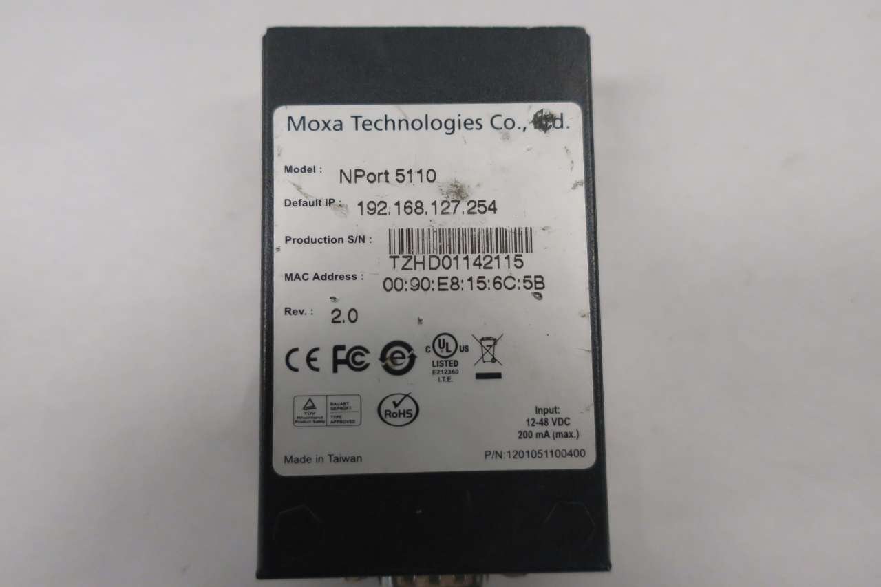 MOXA NPORT 5110 Serial Device Server - 12-48V DC, 200mA, Rev 2.0, RS-232 (D539724) - Industrial Networking Solution for Remote Serial Communication & Automation Control