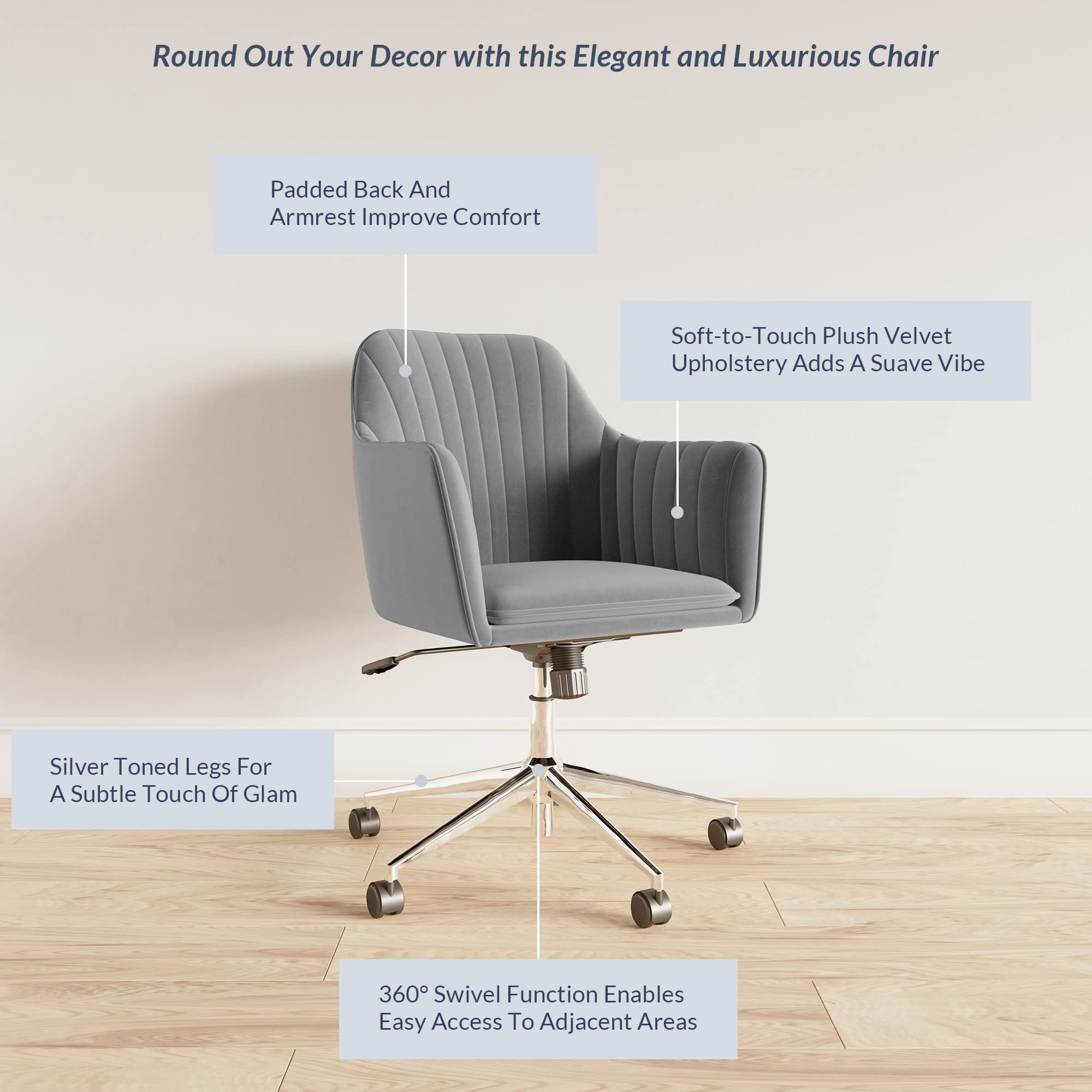 BELLEZE Modern Velvet Swivel Office Chair with Adjustable Height & Wheels - Stylish Comfy Desk Chair for Home Office, Gaming, Study & Vanity - Alayah (Gray)