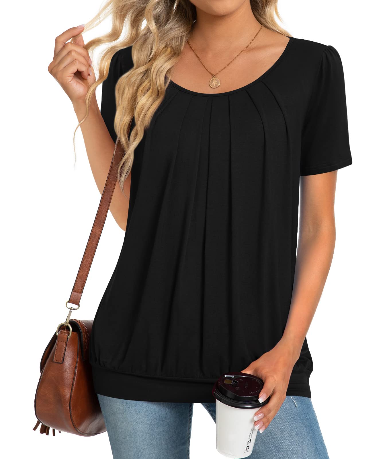 Anymeet 2025 Women's Casual Short Sleeve Tunic Tops - Spring Summer Pleated Blouse Tee for Leggings | Perfect for Work, Weekend Outfits & Travel Wear