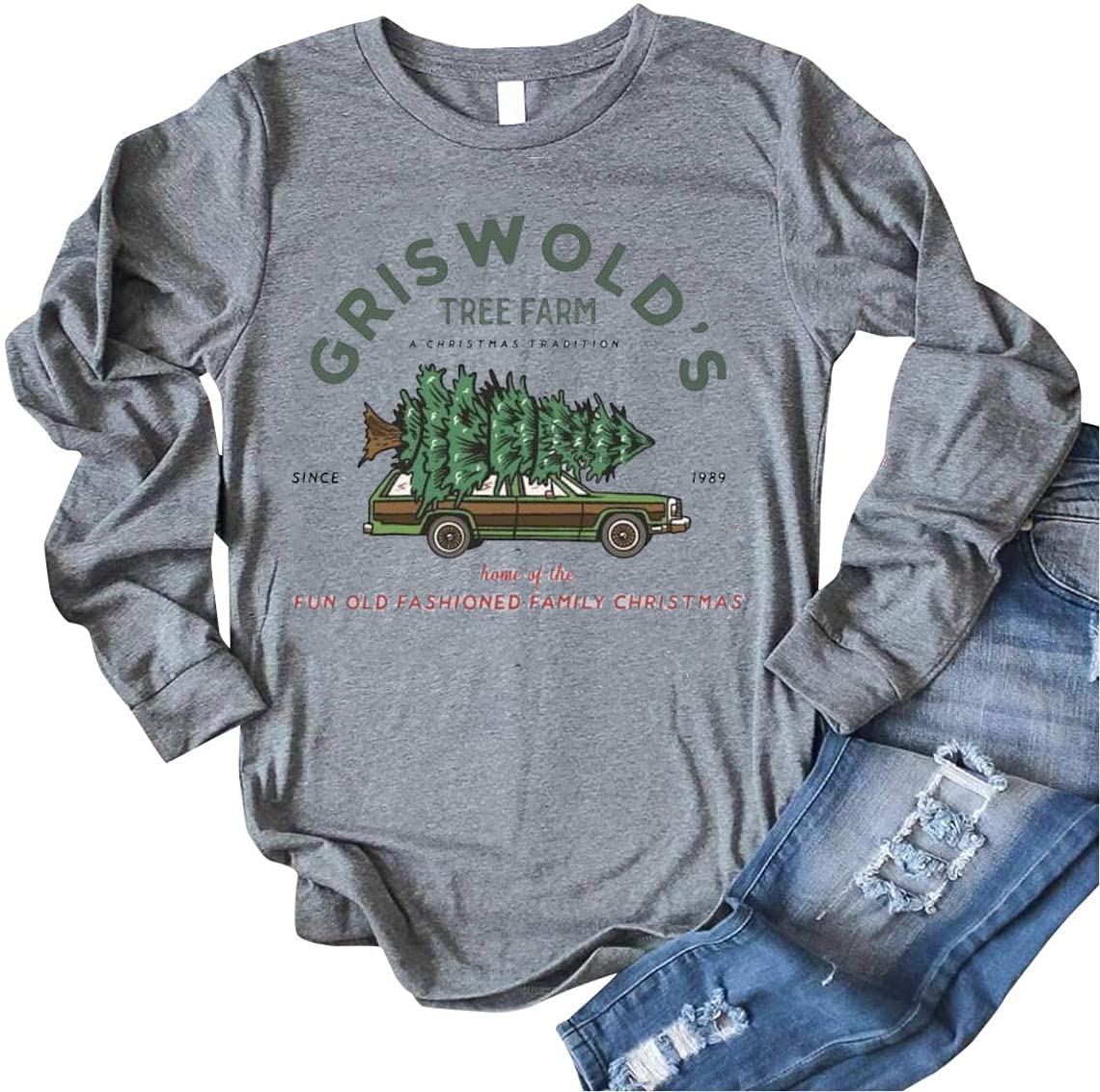 Woffccrd Women's Christmas Tree Farm Graphic T-Shirt | Griswold Family Holiday Tee | Merry Christmas Tree Design Top for Festive Parties & Family Gatherings