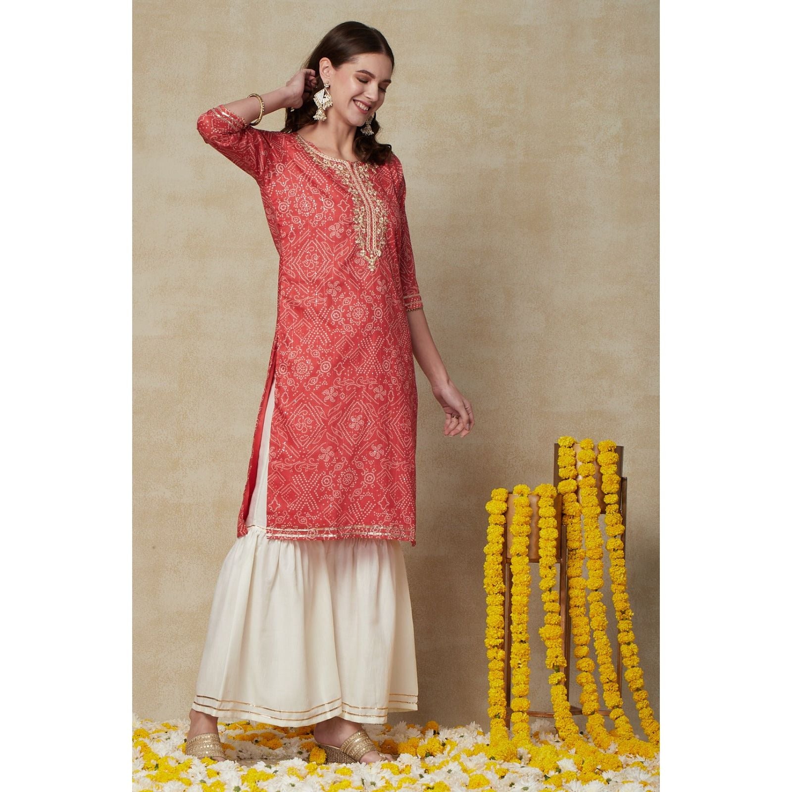 Elegant Pink Bandhini Kurta with Gotta Patti Embroidery - Traditional Indian Ethnic Wear for Women | Perfect for Festivals, Weddings & Cultural Events