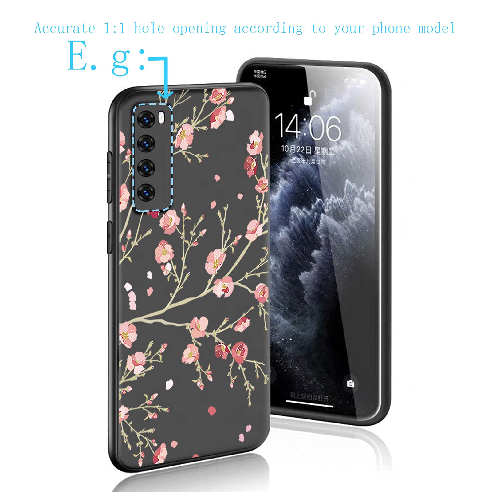 Premium Soft Silicone Case with 9H Tempered Glass Screen Protector for ZTE Blade A72 (6.75 Inch) - Shockproof TPU Bumper Cover & HD Protective Film (Black & Peach Blossom Design) - Perfect for Daily Use, Work, and Outdoor Activities