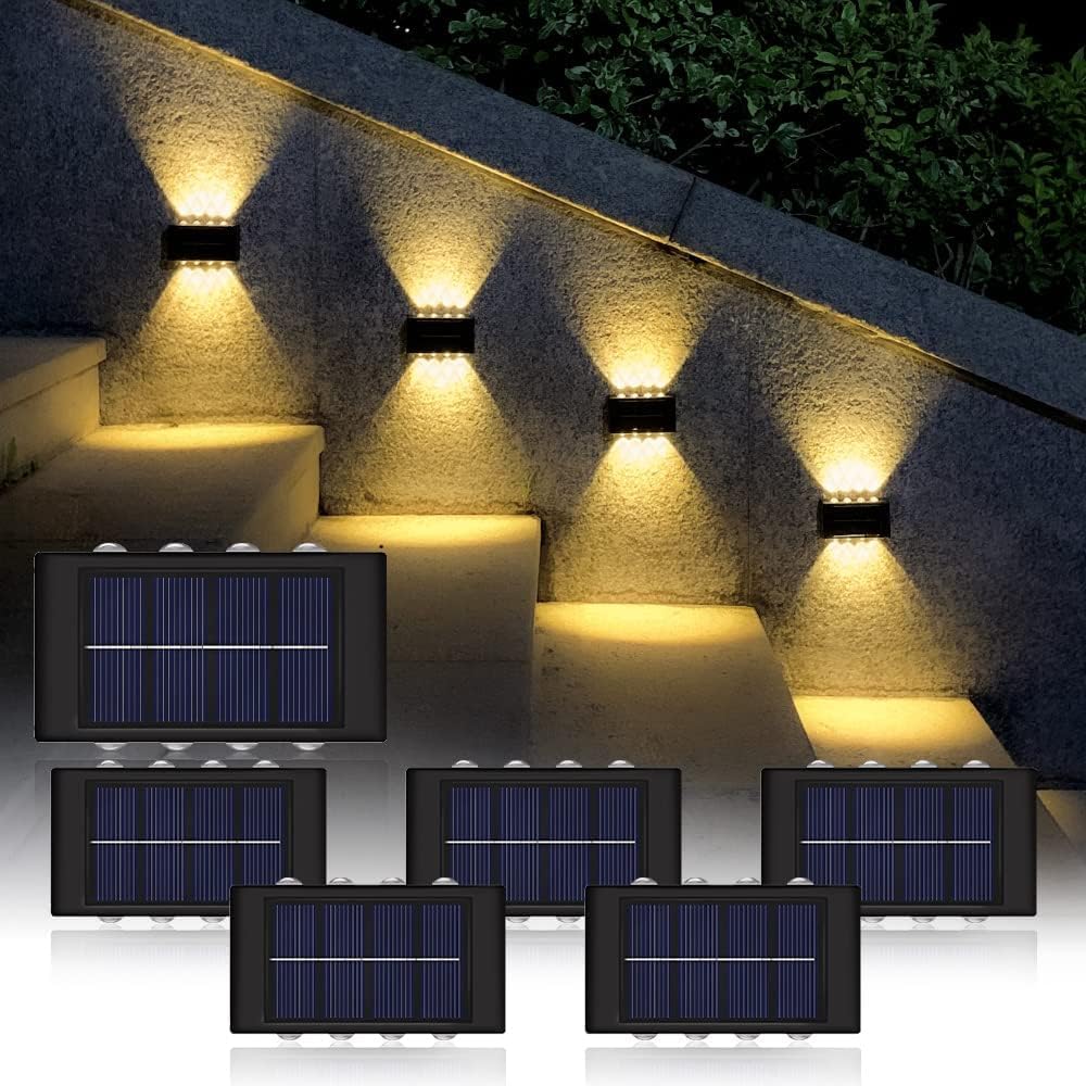 Solar Powered Outdoor Fence Lights - Waterproof Wall Sconce Up Down Lighting with Dusk to Dawn Sensor (6 Pack Warm White) - Perfect for Deck, Yard, Pathway, Porch, Stair, Garage & Landscape Lighting