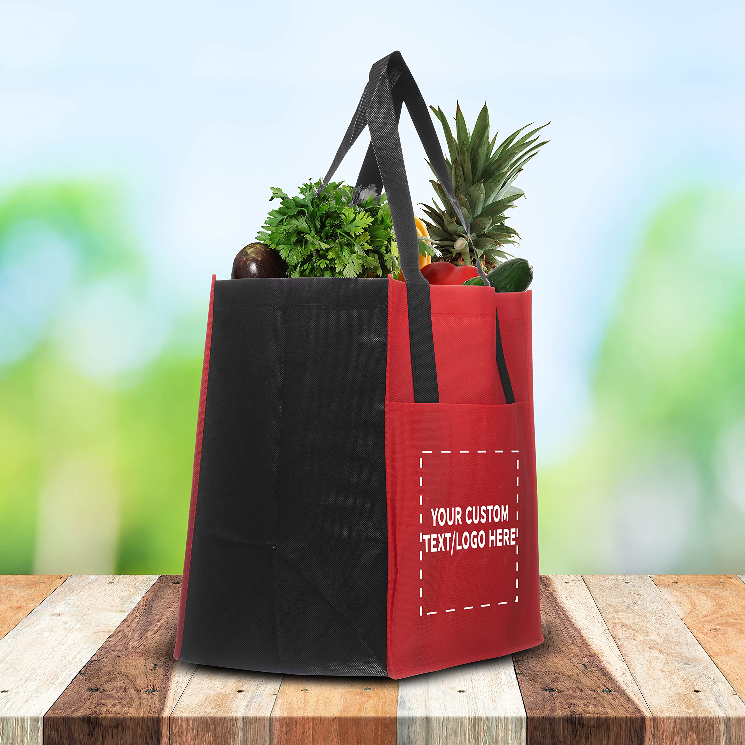 50 Pack Customizable Non-Woven Reusable Tote Bags with Front Pocket - Eco-Friendly Shopping Bags for Grocery, Beach, Promotions & Events (Red, Two Tone, 13