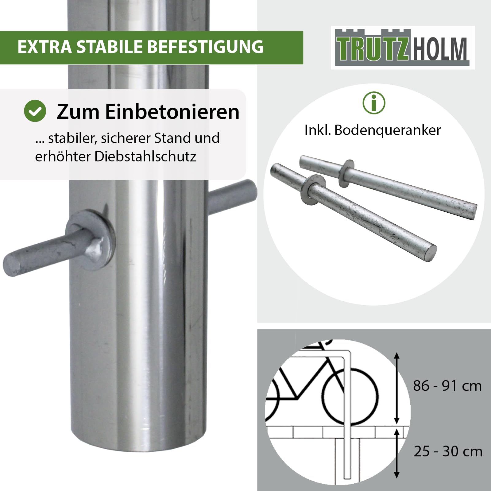 TRUTZHOLM Stainless Steel Bike Rack 116x74 cm, 60 mm Diameter, 2 Parking Spaces - Secure Bicycle Stand for Outdoor Use, Concrete Mounted, Anti-Theft Design - Perfect for Home, Garage, Park, and Public Spaces