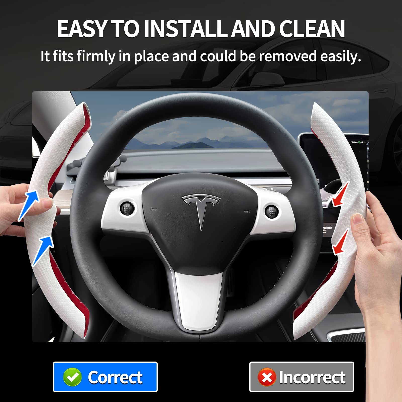 Premium Carbon Fiber Steering Wheel Cover & ABS Wrap Kit for Tesla Model 3/Y - White | Enhances Grip & Style | Perfect for Daily Commute & Road Trips