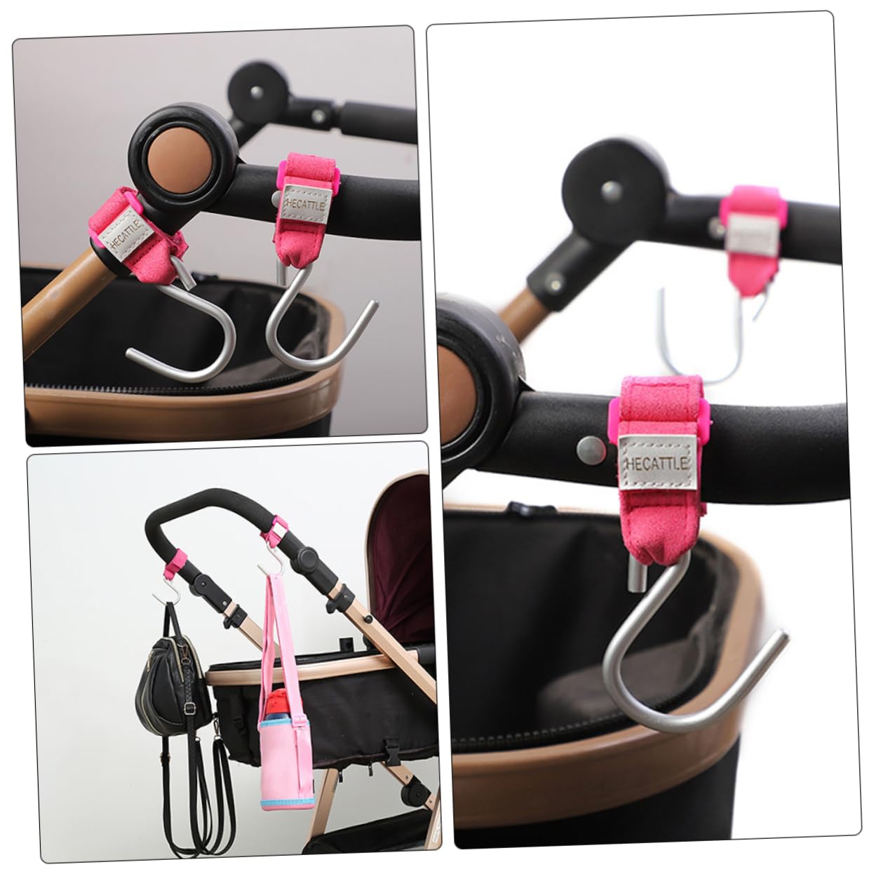 VICASKY 3-Pack Universal Car Hooks for Strollers, Backpacks, Purses & Prams - Heavy Duty Polyester Bag Clips & Clothes Hangers (Rose Gold) - Perfect for Road Trips, Shopping & Baby Gear Organization