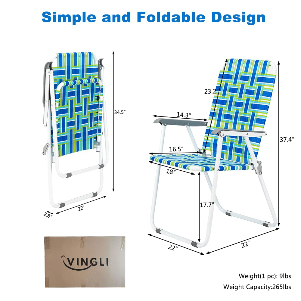 VINGLI 4-Pack Folding Webbed Patio Chairs - Lightweight Outdoor Beach Chairs for Backyard, Garden, Picnic & Camping (Blue, Classic) - Perfect for Relaxing, Dining & Outdoor Gatherings