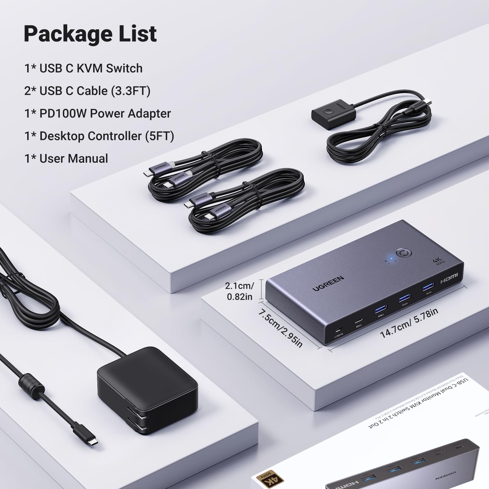 UGREEN USB-C KVM Switch 2 Monitors 2 Laptops - 4K@60Hz Dual Monitor Sharing with 4 USB 3.0 Ports & 100W PD Charging - Includes Keyboard/Mouse/Printer/HDD Sharing, 2 USB-C Cables & Remote Controller - Perfect for Home Office & Multi-Device Workspace Setup