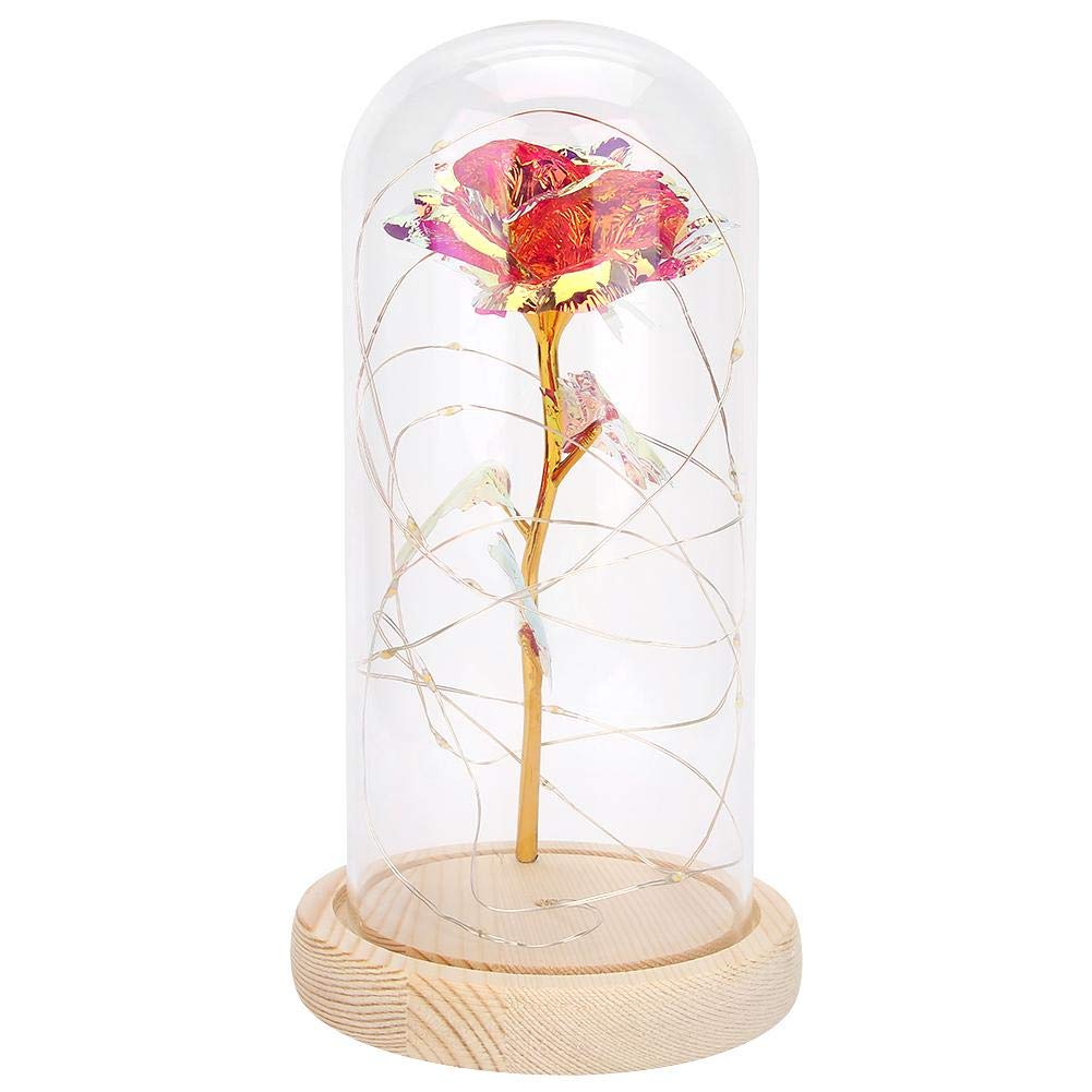 Wosume Beautiful Rose Wooden Base Gold Foil Rose Flower with LED Light - Waterproof Romantic Night Lamp for Valentine's Day, Christmas, New Year (Pink) | Perfect for Bedroom Decor, Wedding Centerpiece & Gift Giving