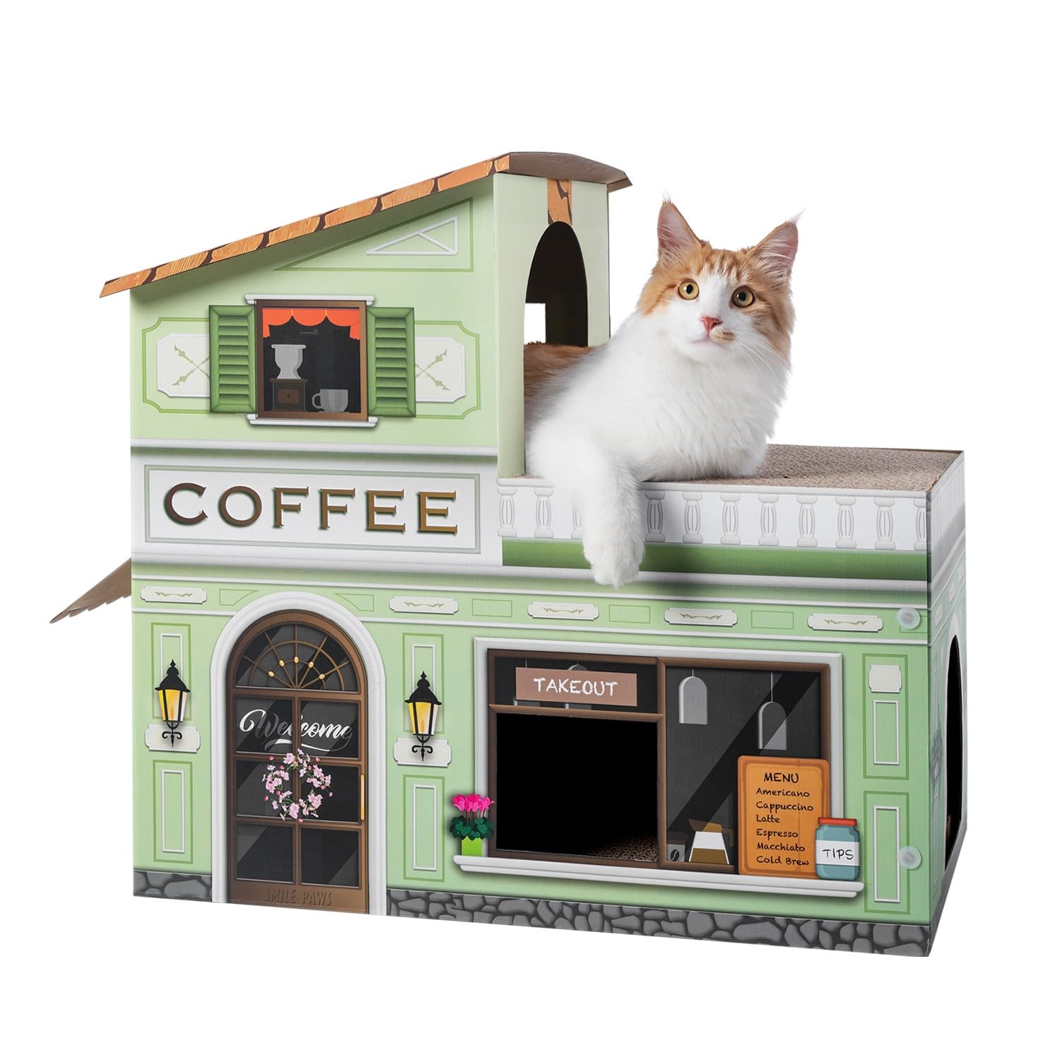 Smile Paws Large Sturdy Cardboard Cat House with Scratchers - Indoor Cat Bed, Coffee Shop Style Pet Condo Cave Tent - Easy to Assemble Cat Furniture for Indoor Cats & Small Animals - Perfect for Cozy Napping, Playtime & Home Decor