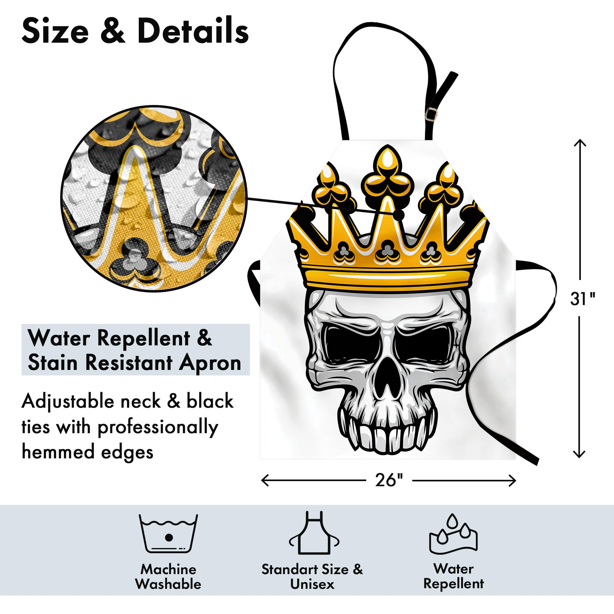 Ambesonne King Apron - Hand Drawn Crowned Skull with Tiara Design | Adjustable Unisex Kitchen Bib for Cooking, Baking, Gardening | Halloween Themed Orange & Grey Apron | Perfect for Halloween Parties, BBQ Events & Themed Cooking Shows