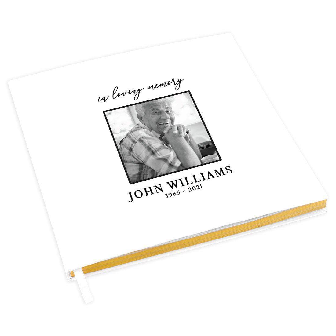Personalized Memorial Guest Book with Gold Accents - Custom Photo White Guest Sign-in Registry, 120 Pages 8.5