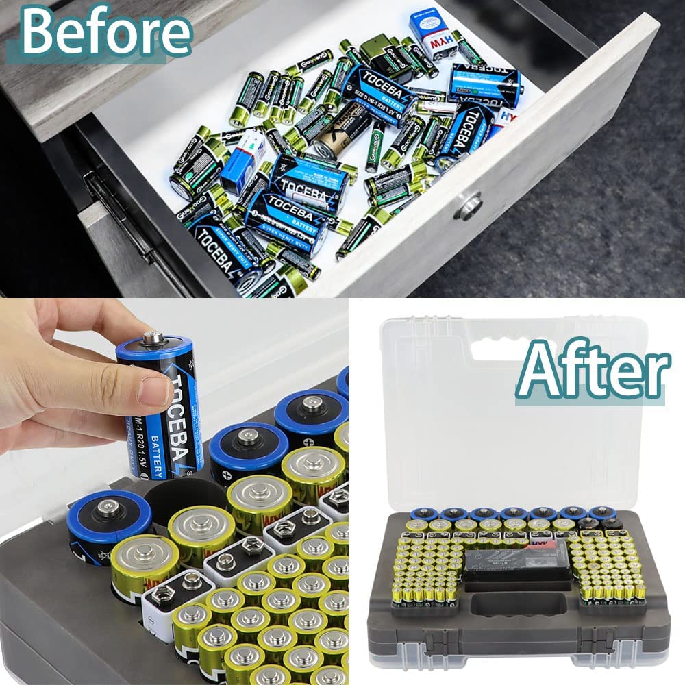 X-Value Battery Organizer Case - Portable Storage Box Holds 230 AA AAA C D 9V Batteries with Built-in Tester (Batteries Not Included) - Perfect for Home, Office, Travel & Emergency Kits (Grey)