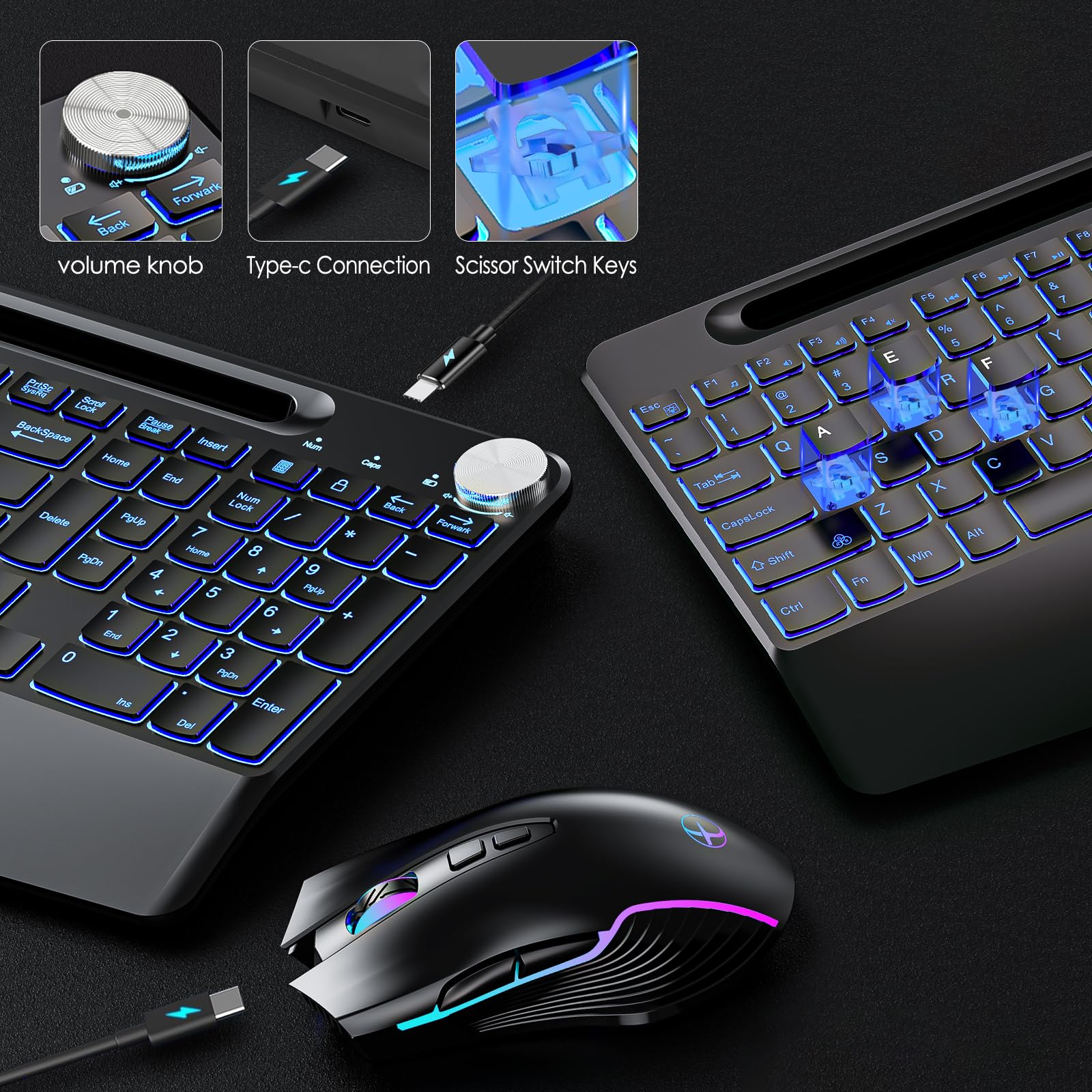 2.4G Wireless Keyboard and Mouse Combo - Rechargeable Ergonomic Wireless Keyboard with 7-Color Backlit, Phone Stand & Volume Control for Mac/Windows PC/Laptop - Perfect for Office, Gaming & Home Use
