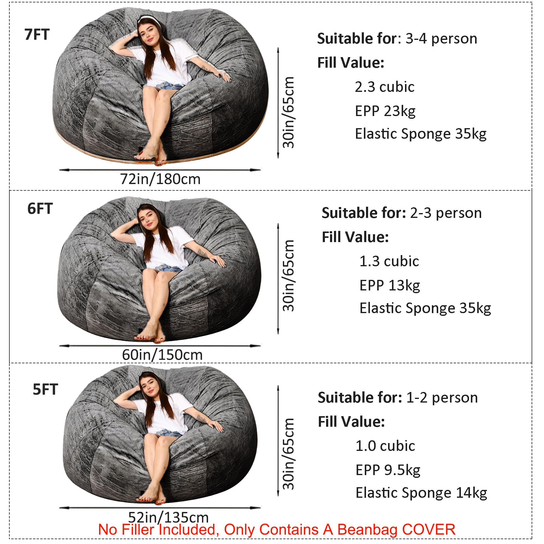 7FT Big Beanbag Chair for Adults & Kids - No Filling Comfy Cover, Dark Grey - Perfect for Bedroom, Living Room, Game Room & Dorm Lounge (Lazy Sofa Floor Chair)
