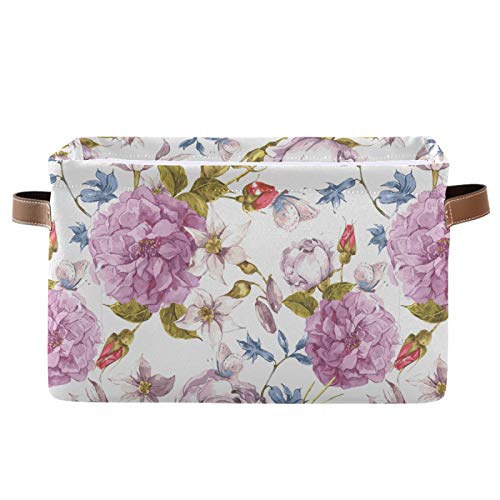 Vintage Floral Collapsible Storage Basket with Butterfly Design & PU Handles - Waterproof Laundry Organizer for Nursery, Bedroom, Bathroom - Foldable Clothes Hamper (1 Pack) - Perfect for Baby Clothes, Toys & Home Organization