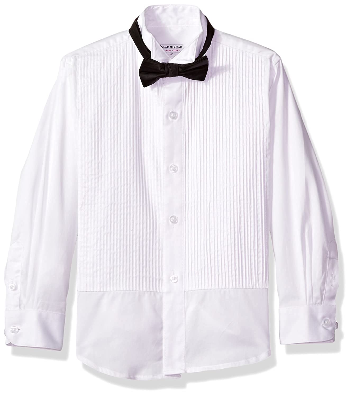 Isaac Mizrahi Boys' 100% Cotton Formal Tuxedo Shirt with Button Cuff, French Cuff & Wing Tip Collar - Includes Bowtie - Perfect for Weddings, Prom, Parties & Special Occasions