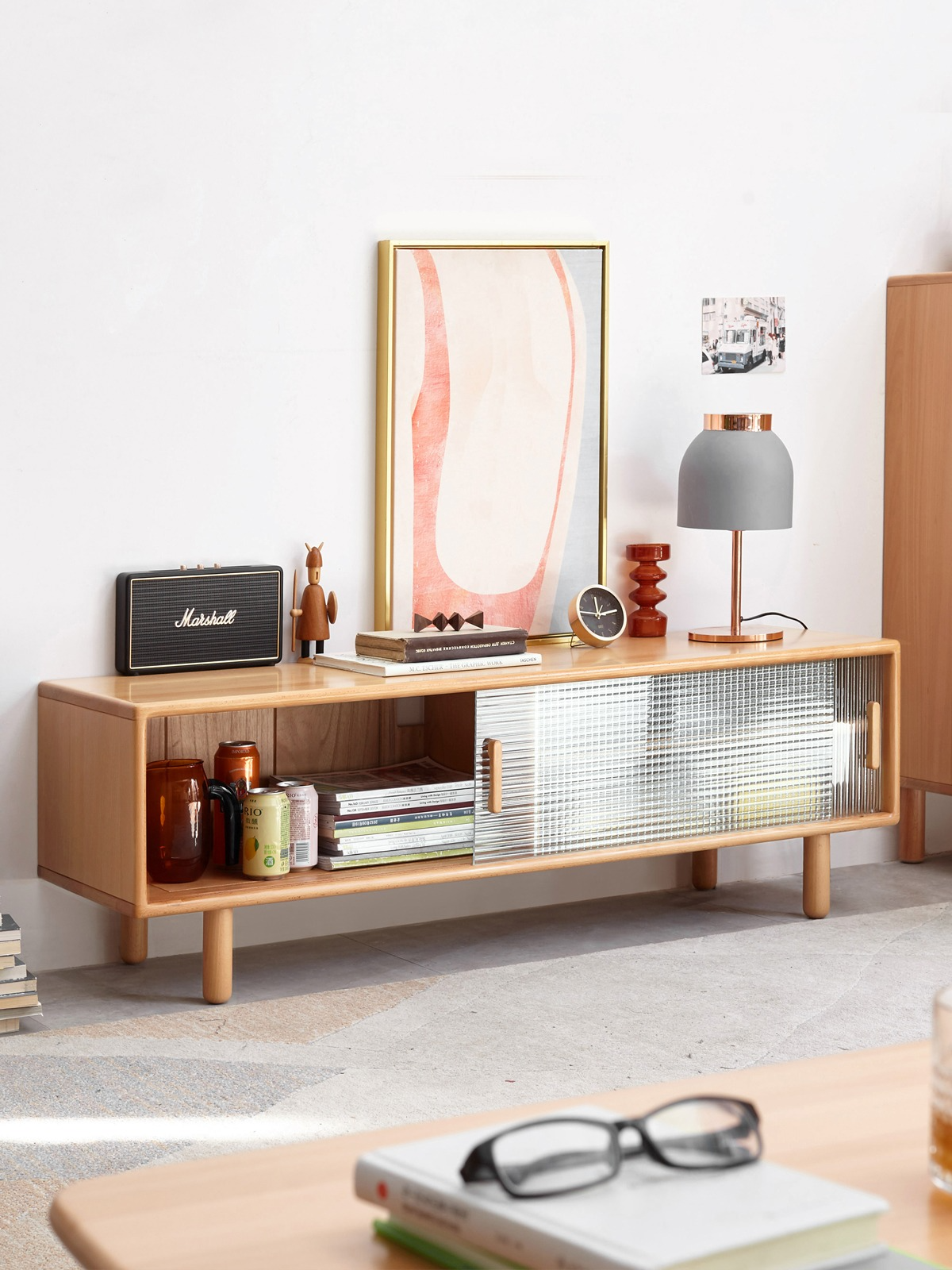 Solid Beech Wood TV Stand with Storage - Modern Entertainment Center for Living Room, Bedroom & Home Theater