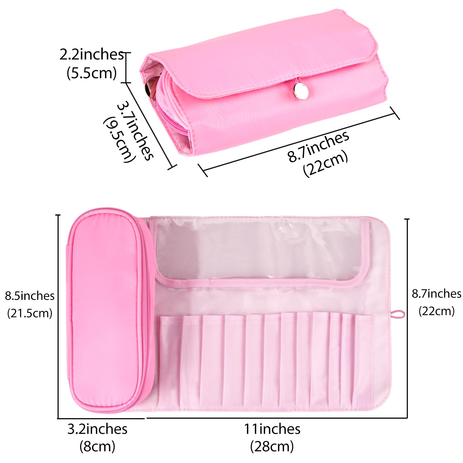 LUEXBOX Portable Folding Makeup Brush Bag - Waterproof Cosmetic Brush Organizer with Multiple Pockets, Travel Makeup Brush Holder Case for Women (Pink) | Perfect for Travel, Home Use & Professional Makeup Artists