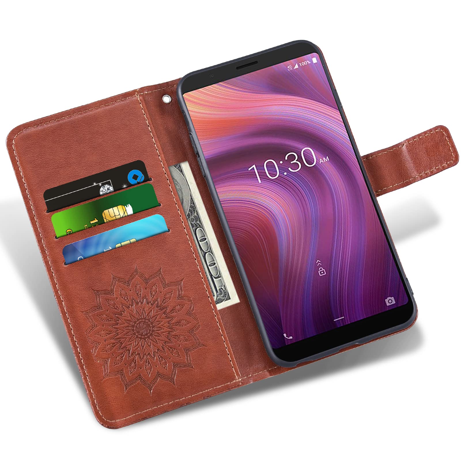 Premium Leather Wallet Phone Case for Alcatel 3V (2019) - Slim Flip Cover with Card Holder & Stand | Includes Tempered Glass Screen Protector | Sunflower Design for Women & Men (Brown) | Perfect for Everyday Use, Travel & Business Meetings
