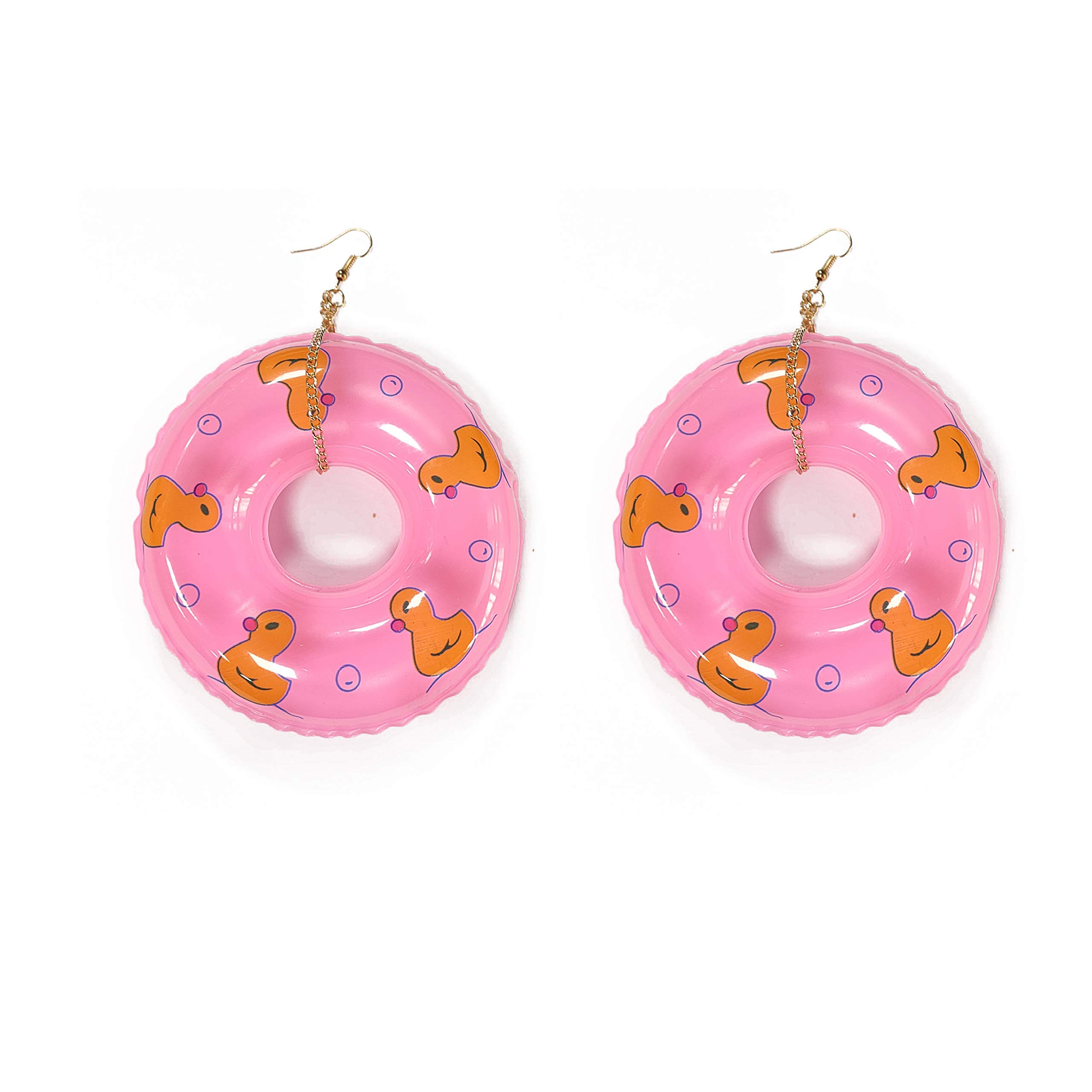 Lightweight Punk Duck Swimming Ring Earrings - Cute Big Summer Beach Statement Jewelry for Women & Girls - Perfect for Pool Parties, Vacations & Holiday Gifts