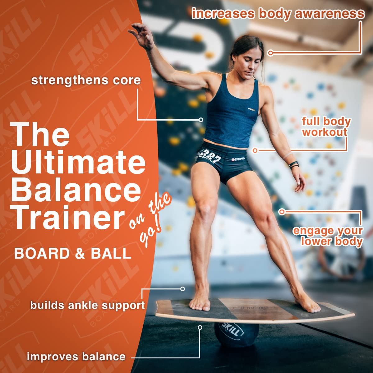 The Skill Board - Premium Wooden Balance Board for Adults - Wobble Board for Fitness, Yoga, Surf Training & Standing Desk Work - Includes Exercise Ball, Pump & Non-Slip Grip Tape - Perfect for Home Gym, Office & Outdoor Activities