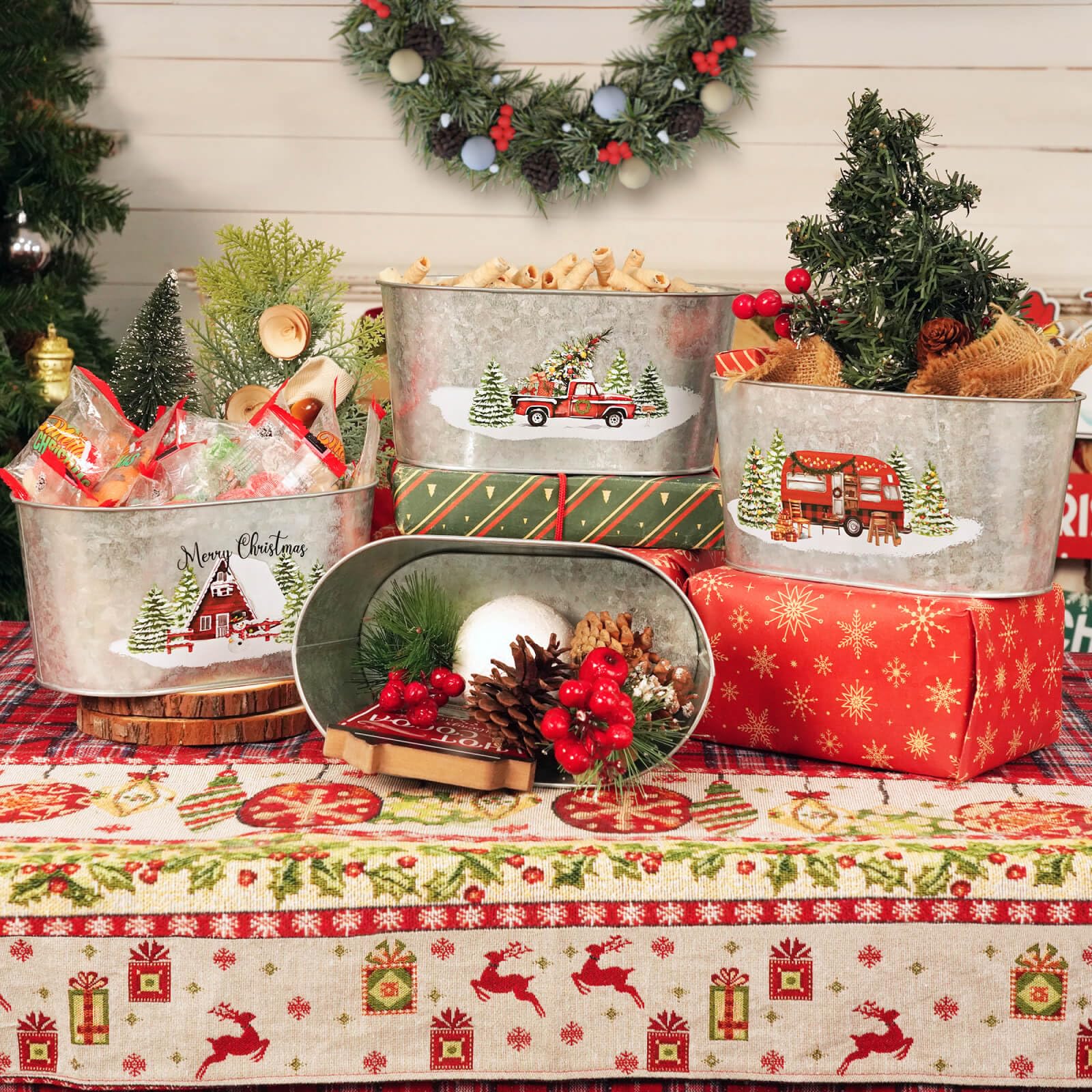 Christmas Metal Buckets Set of 5 - Galvanized Tin Pails for Holiday Decor, Party Centerpieces & Beverage Serving | 9 Inch Oval Pots for Home Table Decorations, Storage & Festive Celebrations