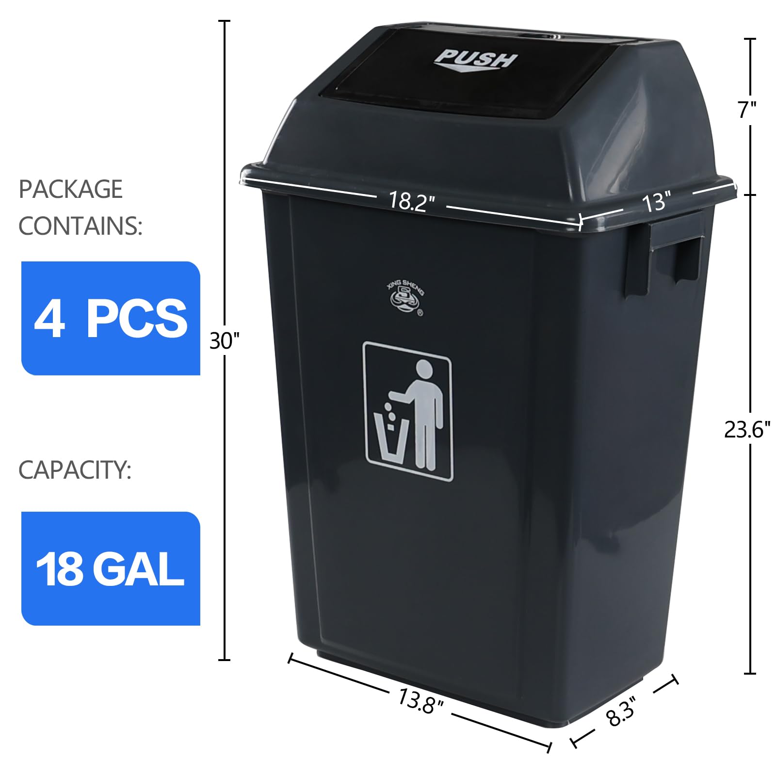 18 Gallon Plastic Trash Can with Swing Lid - 4-Pack Large Kitchen Garbage Bin with Swing-Top Lid, Grey - Perfect for Home, Office, Restaurant & Commercial Use