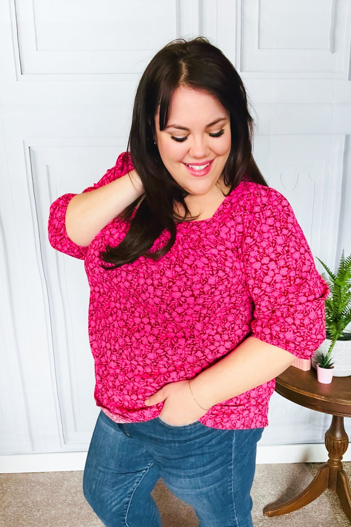 Perfectly You Fuchsia Floral Print Three Quarter Sleeve Square Neck Blouse for Women | Casual Spring Summer Tops for Office Wear & Date Night Outfits