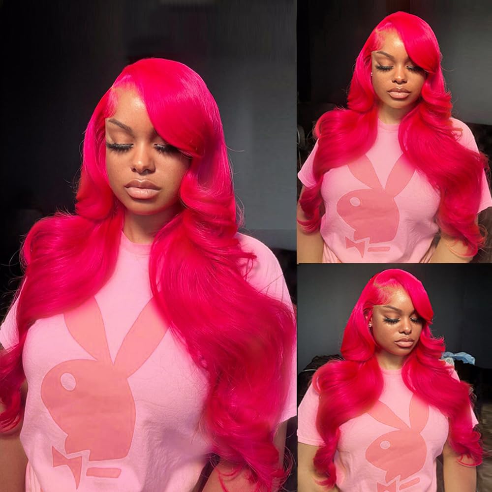 Hot Pink Body Wave Lace Front Wig 24inch - 13x4 HD Transparent Lace Frontal Human Hair Wig with Baby Hair, 180% Density Brazilian Remy Hair for Women - Perfect for Cosplay, Parties, and Daily Styling