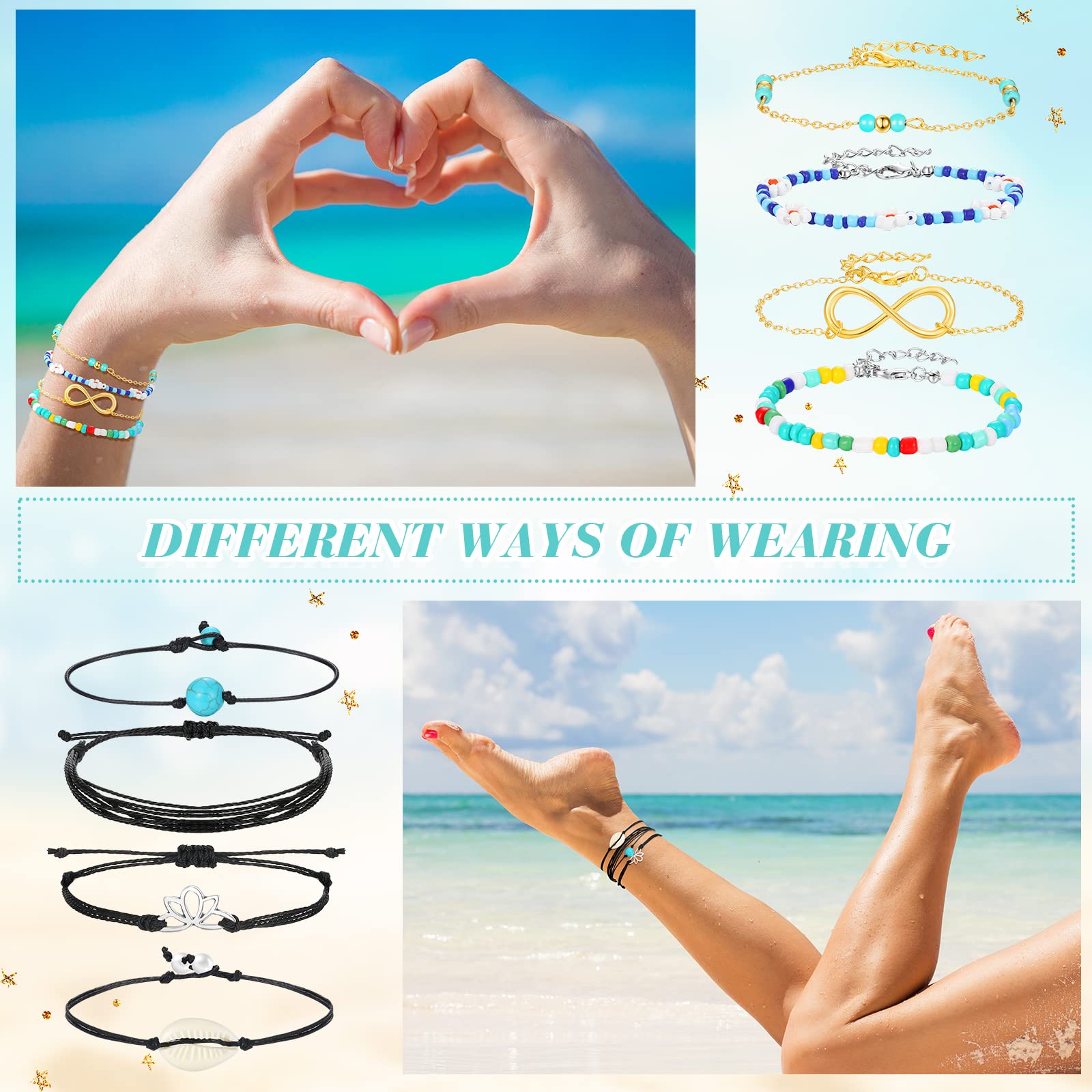 Hicarer 21-Piece Surfer Wave Bracelet Set - Adjustable Waterproof Handmade Ocean Wave Friendship Bracelet & Anklet Jewelry for Women - Perfect for Beach Parties, Summer Festivals & Boho Fashion