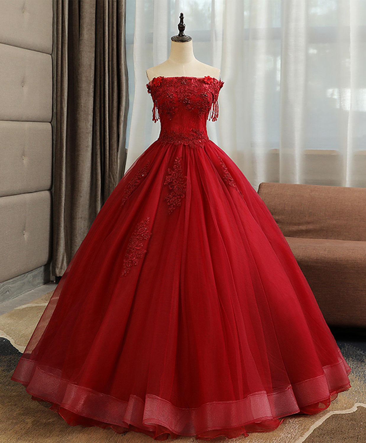 Elegant Burgundy Tulle Lace Long Prom Gown - Formal Evening Dress for Homecoming, Wedding & Special Occasions