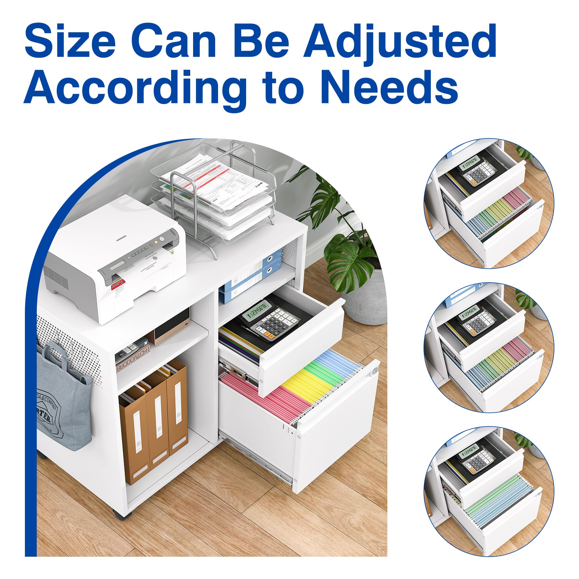2-Drawer Mobile File Cabinet with Lock - Lateral Office Filing Cabinet & Printer Stand with Open Storage Shelves - Home & Office Organization (White, Right Drawer) - Perfect for Document Storage, Printer Organization & Workspace Efficiency