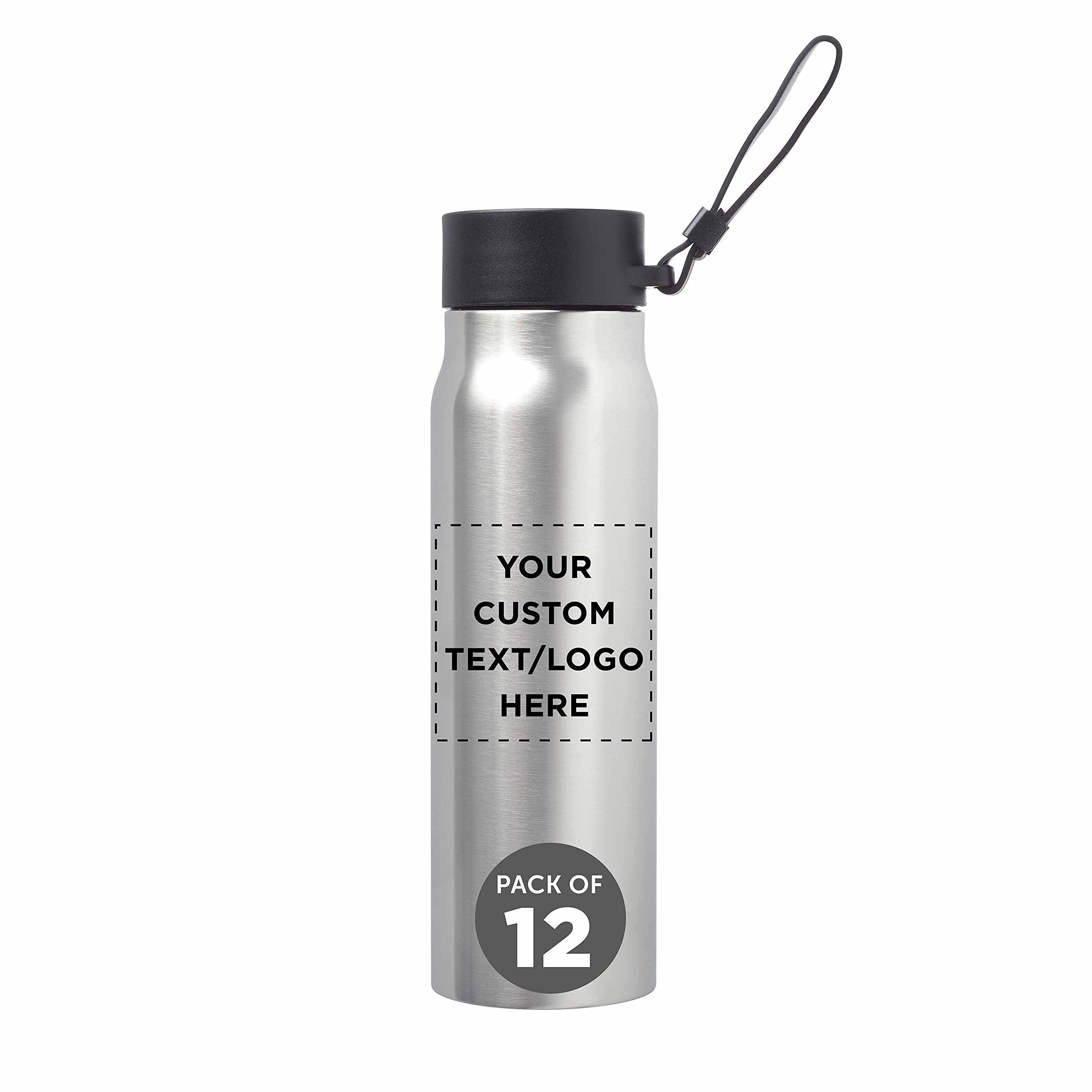 12 Pack 17oz Vacuum Insulated Stainless Steel Water Bottles with Leak-Proof Lid & Adjustable Carry Strap - Custom Text/Logo Printing - Perfect for Gym, Hiking, Office & Outdoor Activities - Black