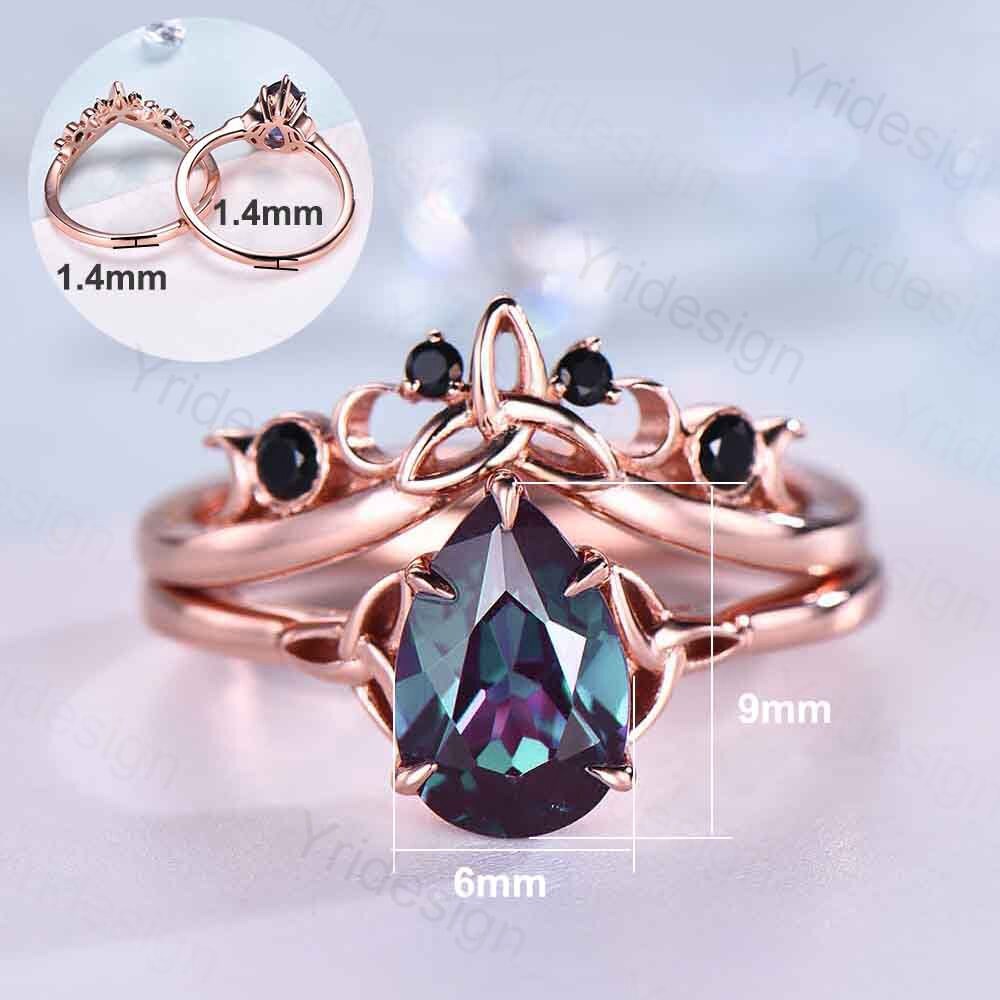 Celtic Knot Norse Viking Alexandrite Engagement Ring Set - Unique Pear Alexandrite Wedding Ring with Curved Black Spinel Matching Band Bridal Jewelry | Perfect for Celtic Weddings, Viking-Themed Proposals & Anniversary Gifts