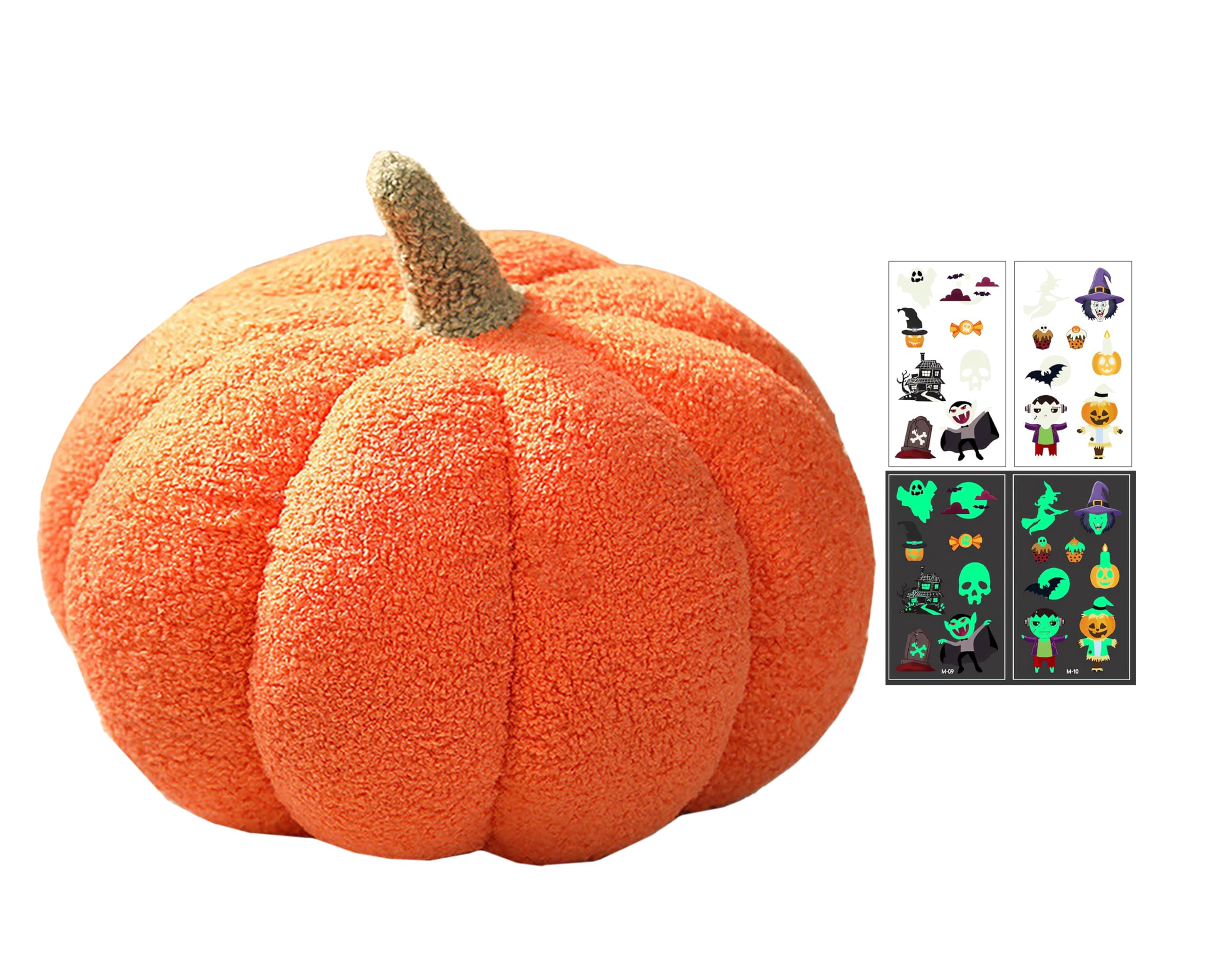 **Glow-in-The-Dark Halloween Pumpkin Pillows - 8 Inch Orange 3D Fluffy Plush Throw Pillow for Sofa, Couch & Bed Decor - Includes 2 Glow Stickers - Perfect for Fall, Thanksgiving & Spooky Home Decor**