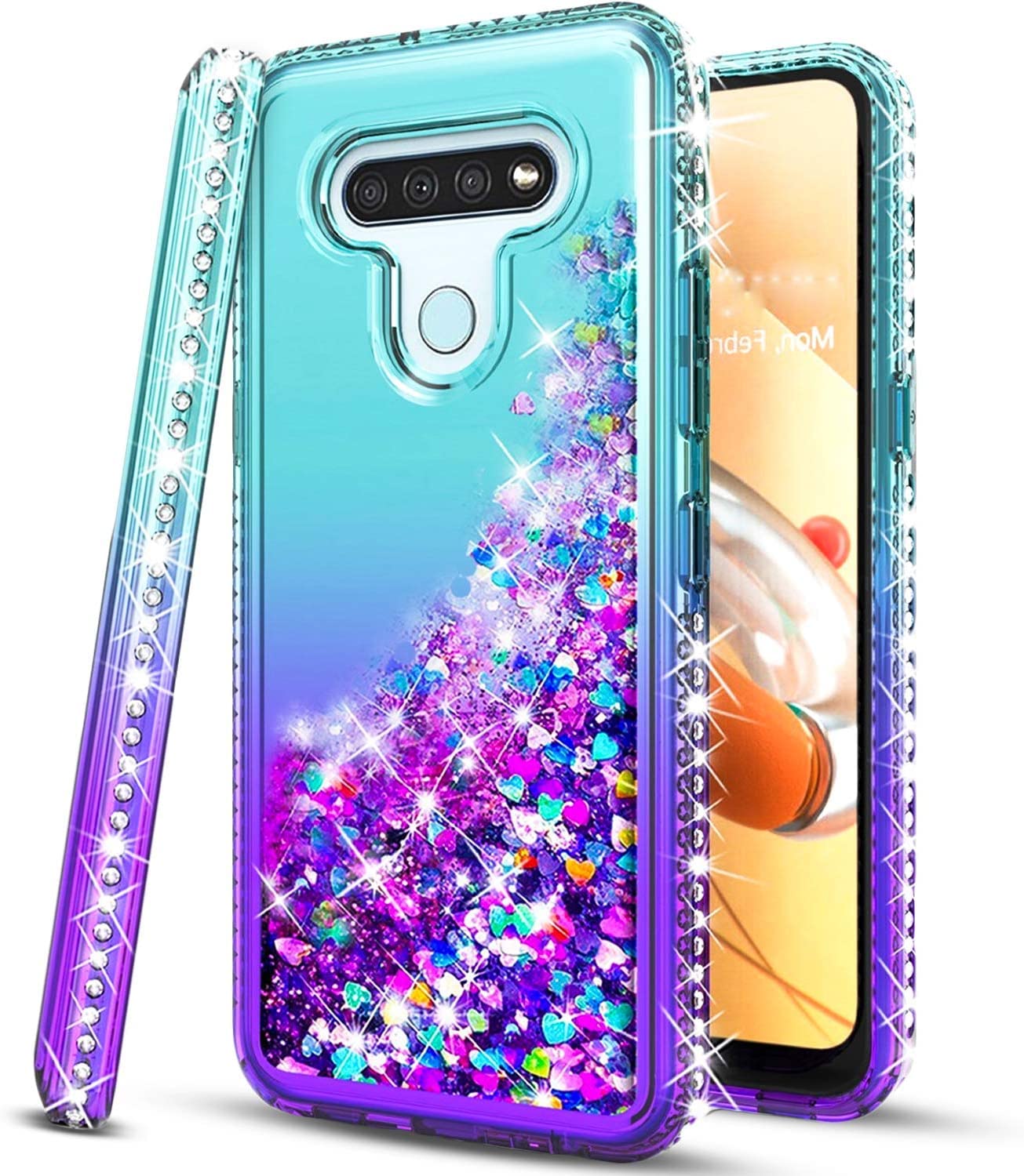 STARSHOP LG K51 Phone Case & LG Reflect (L555DL) Case with Tempered Glass Protector - Liquid Glitter Quicksand Cover with Rhinestones (Aqua/Purple) - Shockproof Protection for Everyday Use & Special Occasions