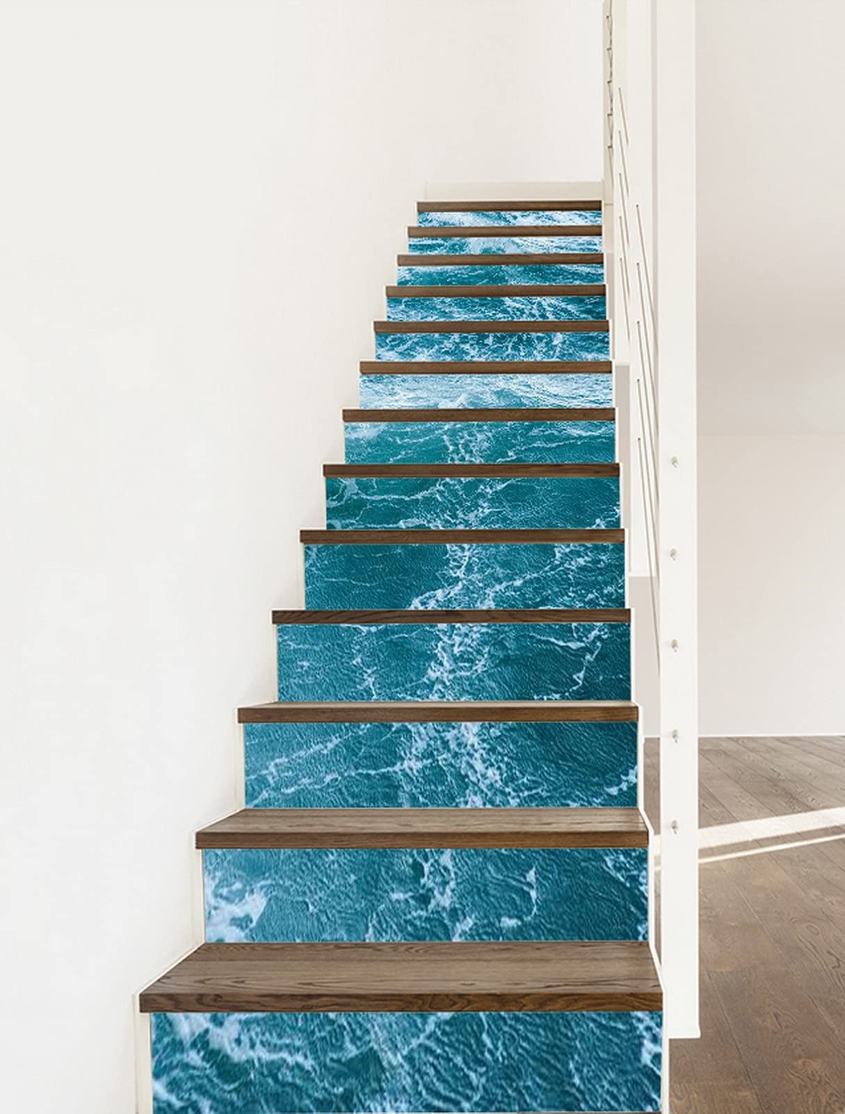 3D Self-Adhesive Removable Ocean Wave Stair Decals - Water Texture Abstract Art Vinyl Stickers for Stairs, Kitchen Tiles & Walls (13-Piece Set) - Perfect for Home Decor, DIY Projects & Coastal Theme Interior Design