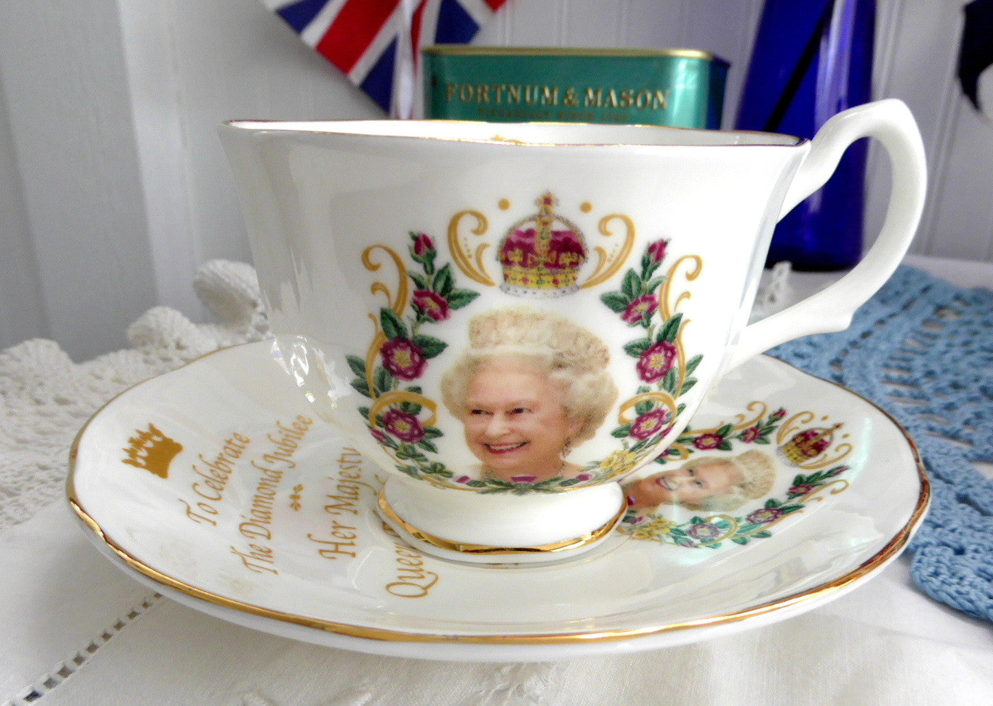 Queen Elizabeth II Diamond Jubilee Commemorative Cup and Saucer Set - English Bone China 2012 Limited Edition - Perfect for Royal Collectors, Tea Parties & British Memorabilia Displays