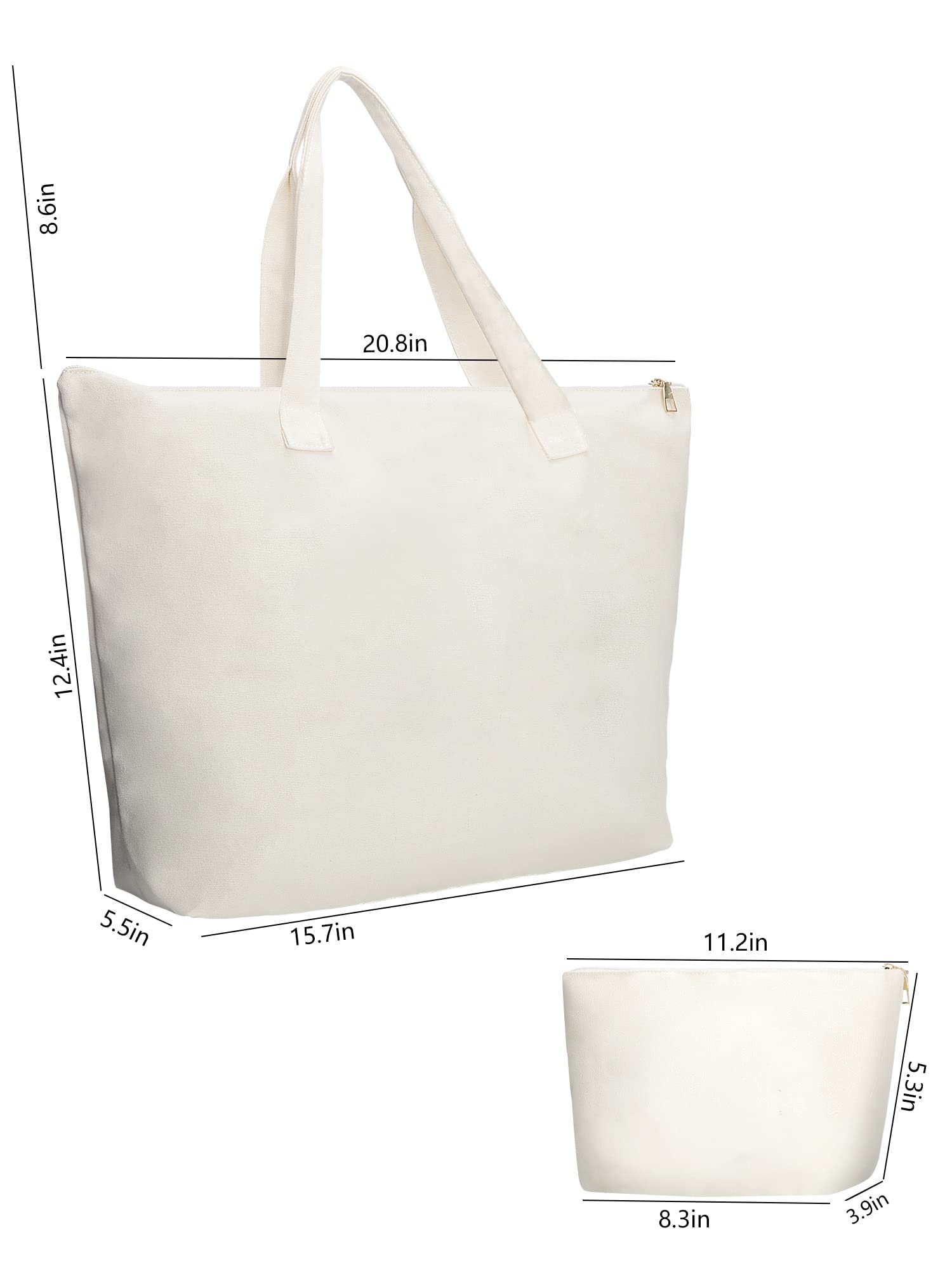 Reusable Blank Canvas Tote Bag with Inner Pocket & Top Zipper Closure - Eco-Friendly Grocery Shopping Bag, Makeup Organizer & DIY Gift for Women - Perfect for Shopping, Travel & Daily Use (White)