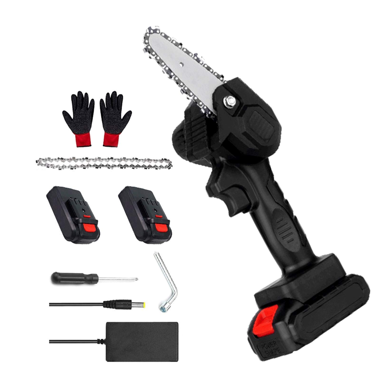 Portable Mini Chainsaw 4-Inch Electric Saw - One-Handed Cordless Chainsaw with 2 Rechargeable Batteries & 1 Chain - Perfect for Wood Cutting, Tree Pruning, Gardening & DIY Projects (Black)