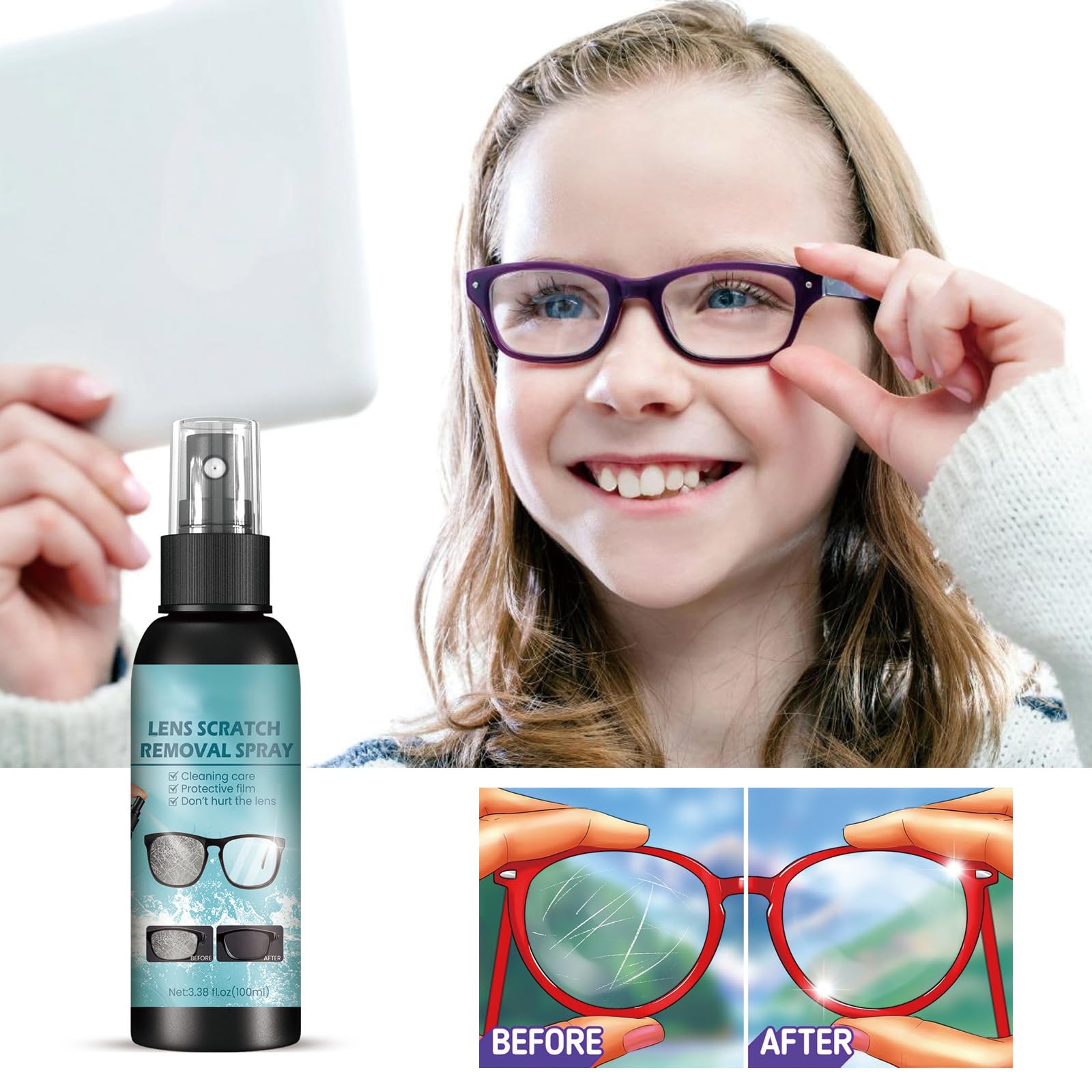 Professional Lens Scratch Remover Kit - Eyeglass Scratch Repair Solution with Cleaning Spray - Restores Scratched Glasses, Sunglasses & Screens - Perfect for Home, Office & Travel Use (1PC)