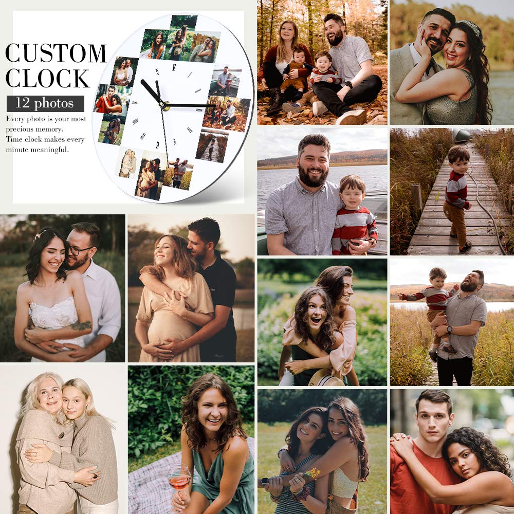 Kaululu 10-Inch Custom Photo Wall Clock - Personalized Round Wall Clock with 12 Photos for Family, Friends, Wife or Husband - Unique Home Decor for Living Room, Bedroom & Kitchen - Perfect Gift for Anniversary, Birthday & Housewarming