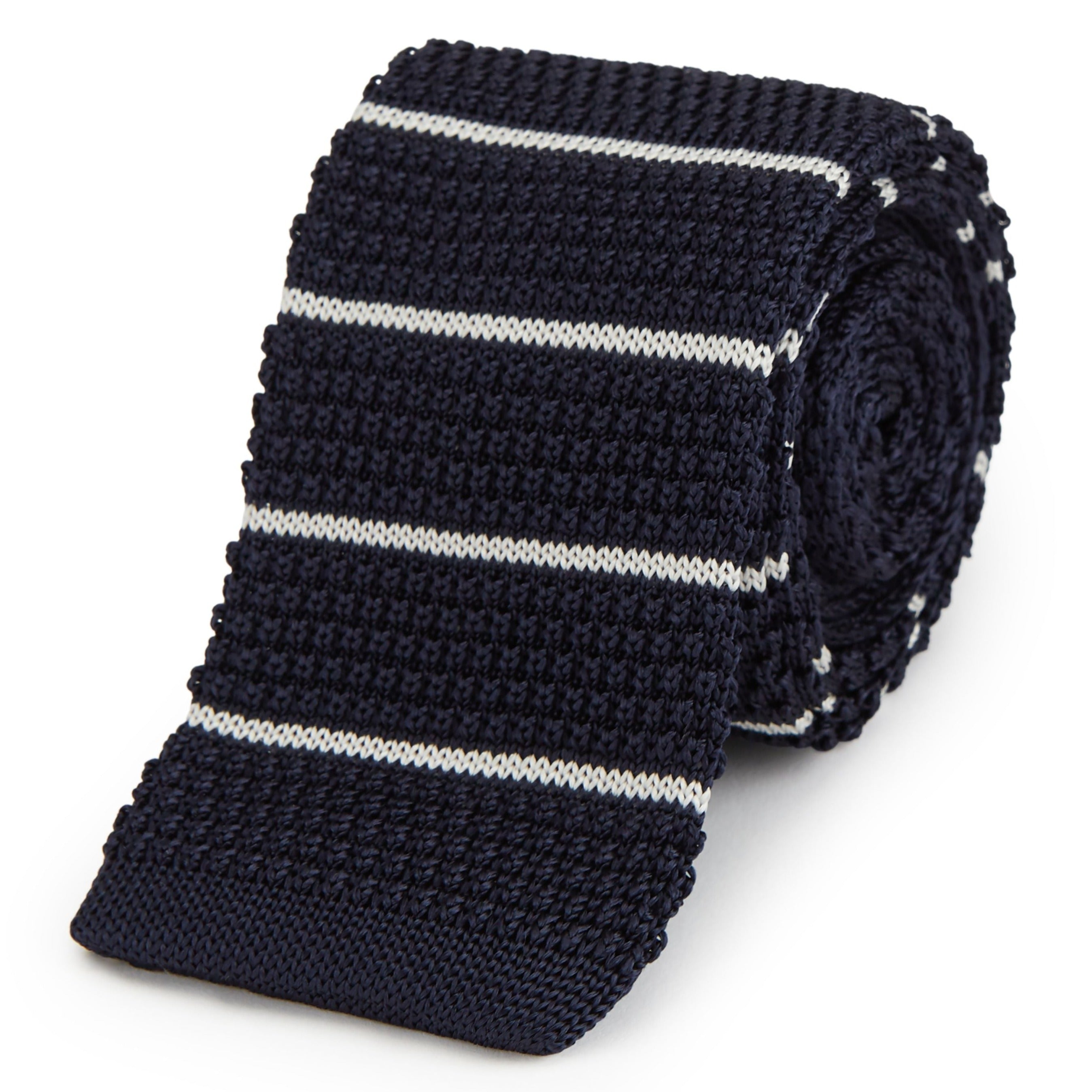 Navy and White Striped Knit Tie for Men - Classic Barre Stripe Pattern - Perfect for Business, Weddings, and Formal Occasions