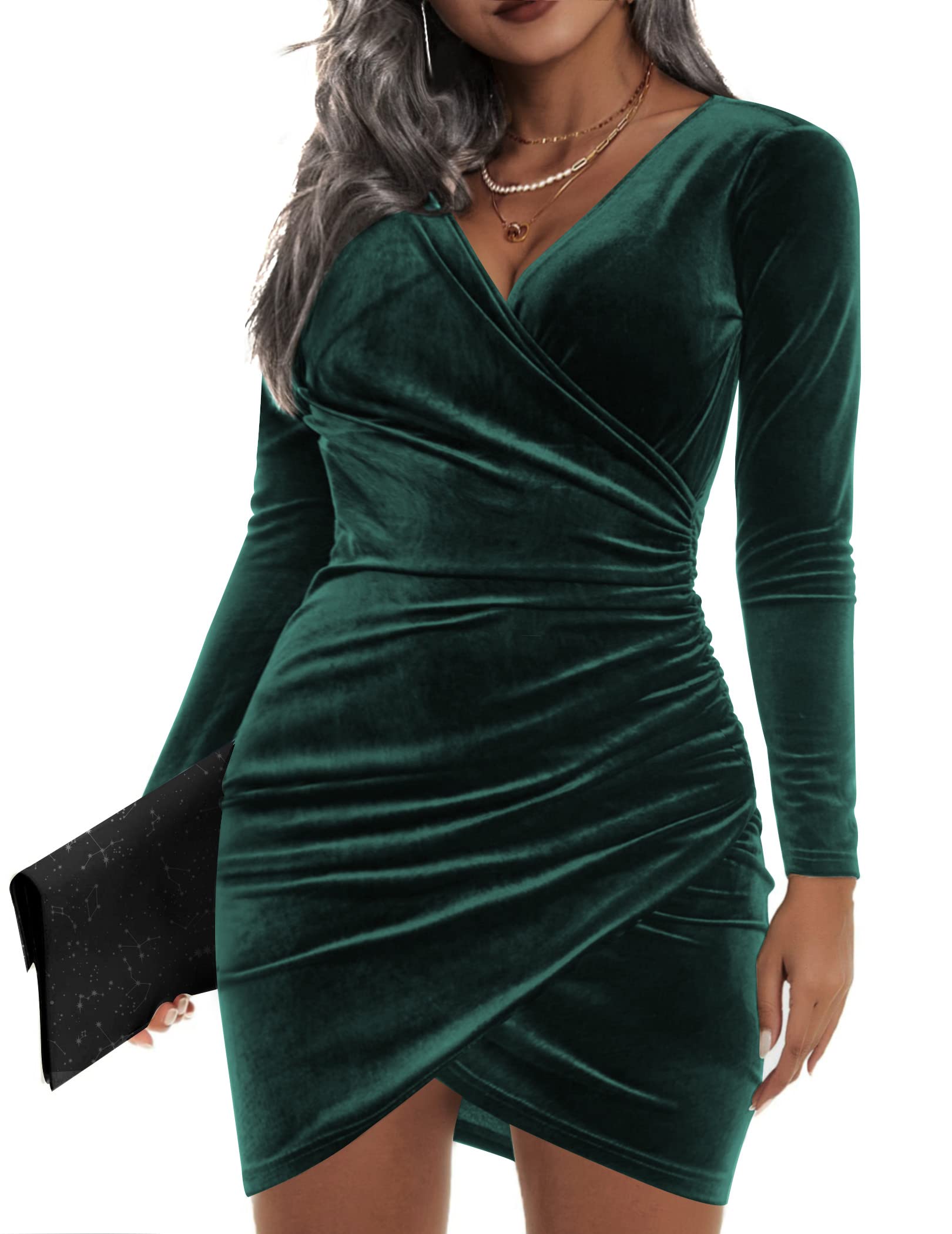 IN'VOLAND Women's Plus Size Long Sleeve Velvet Bodycon Dress - Ruched Wrap V-Neck Cocktail Party Dress for Holiday, Christmas, Wedding & Evening Events