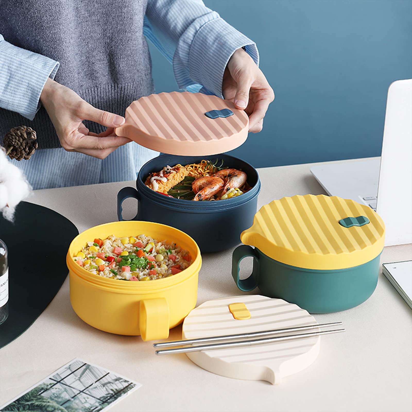 Microwave Safe Ramen Noodle Bowl with Lid & Chopsticks - BPA-Free, Dishwasher Safe, Easy Grip Handles - Perfect for Home, Office, College Dorm (Yellow & Green) - Quick Meals, Instant Noodles, Soup & Snacks